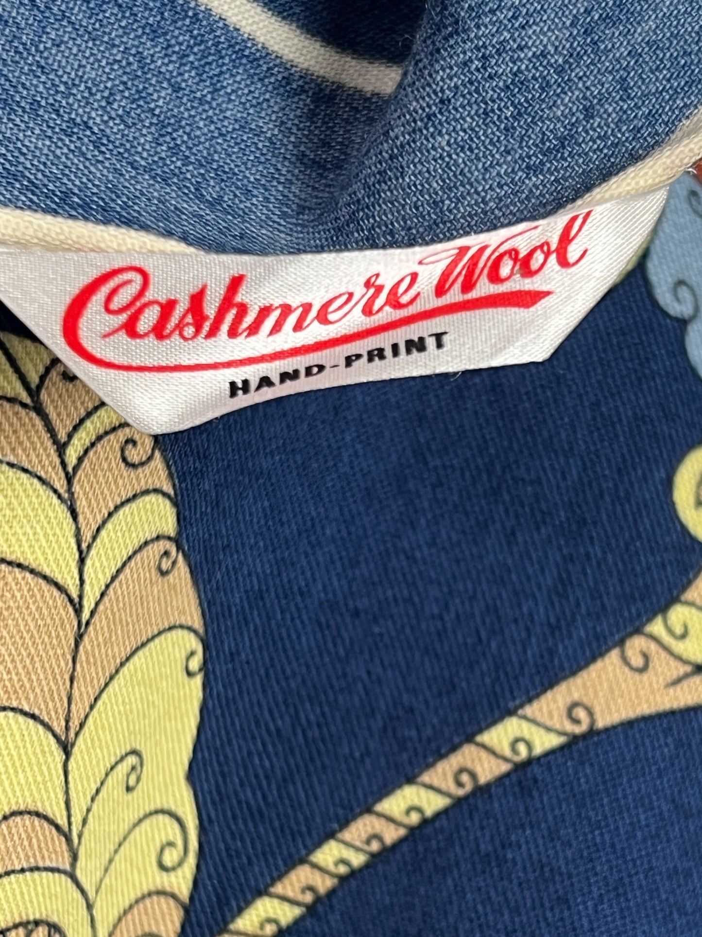 Foulard Carré Vintage en Cachemire Peint à la Main - Bleu et Motifs Floraux