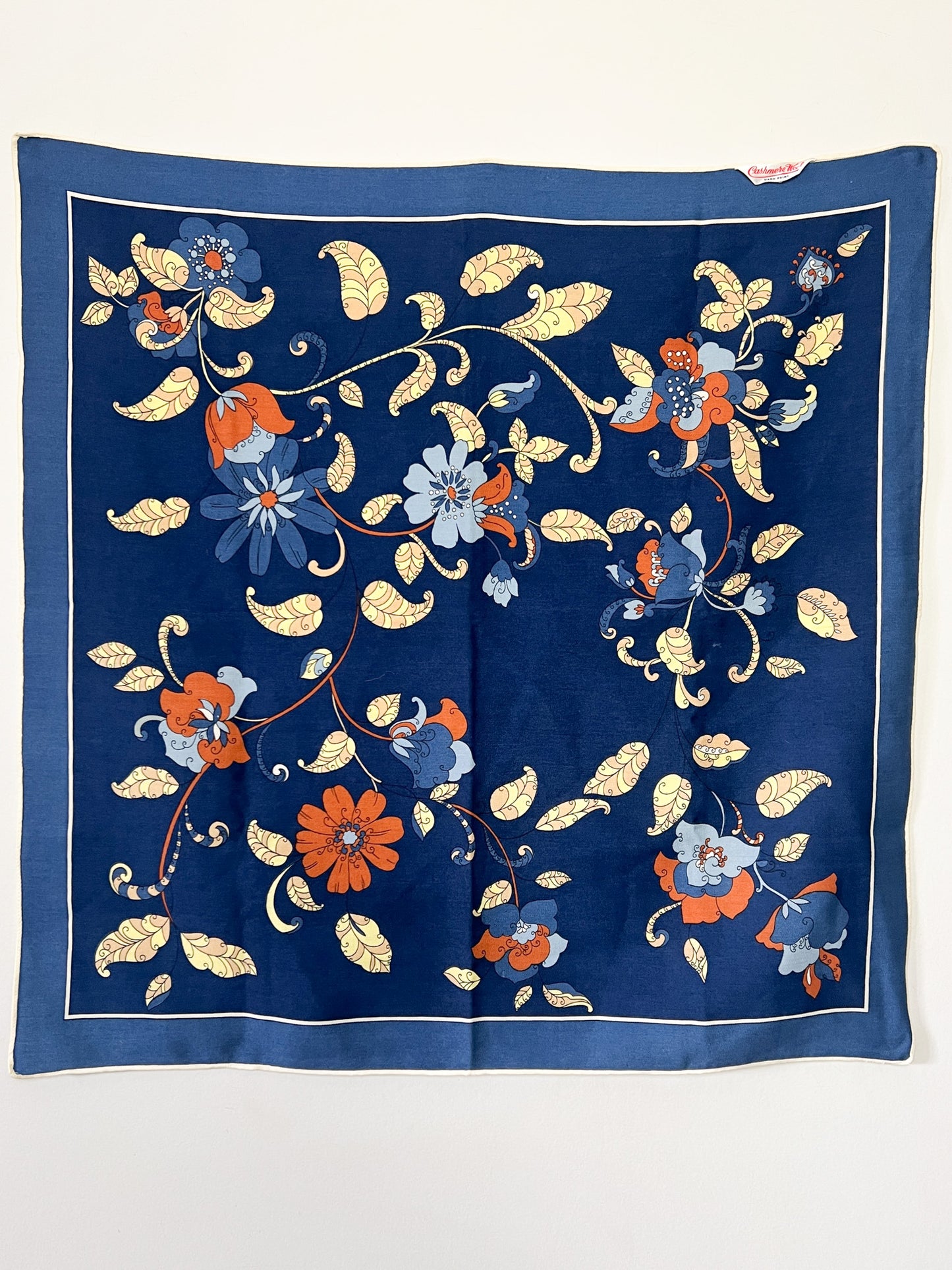 Foulard Carré Vintage en Cachemire Peint à la Main - Bleu et Motifs Floraux