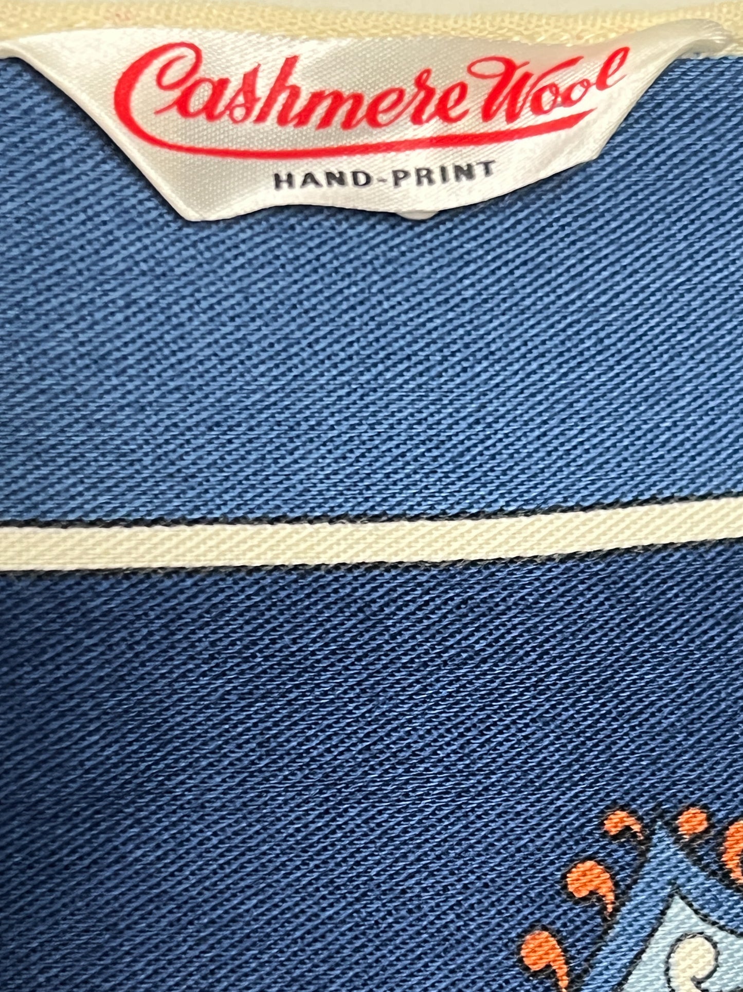 Foulard Carré Vintage en Cachemire Peint à la Main - Bleu et Motifs Floraux