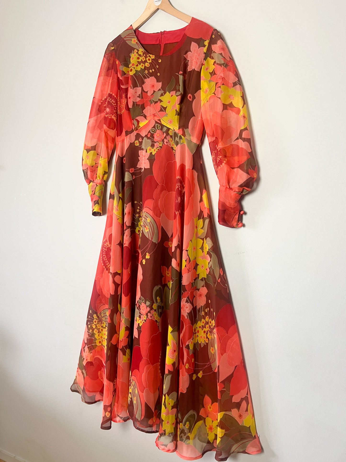 Robe Longue Vaporeuse Vintage Années 70 - Imprimé Floral Chaleureux - Fabriquée en France - T. 36/38
