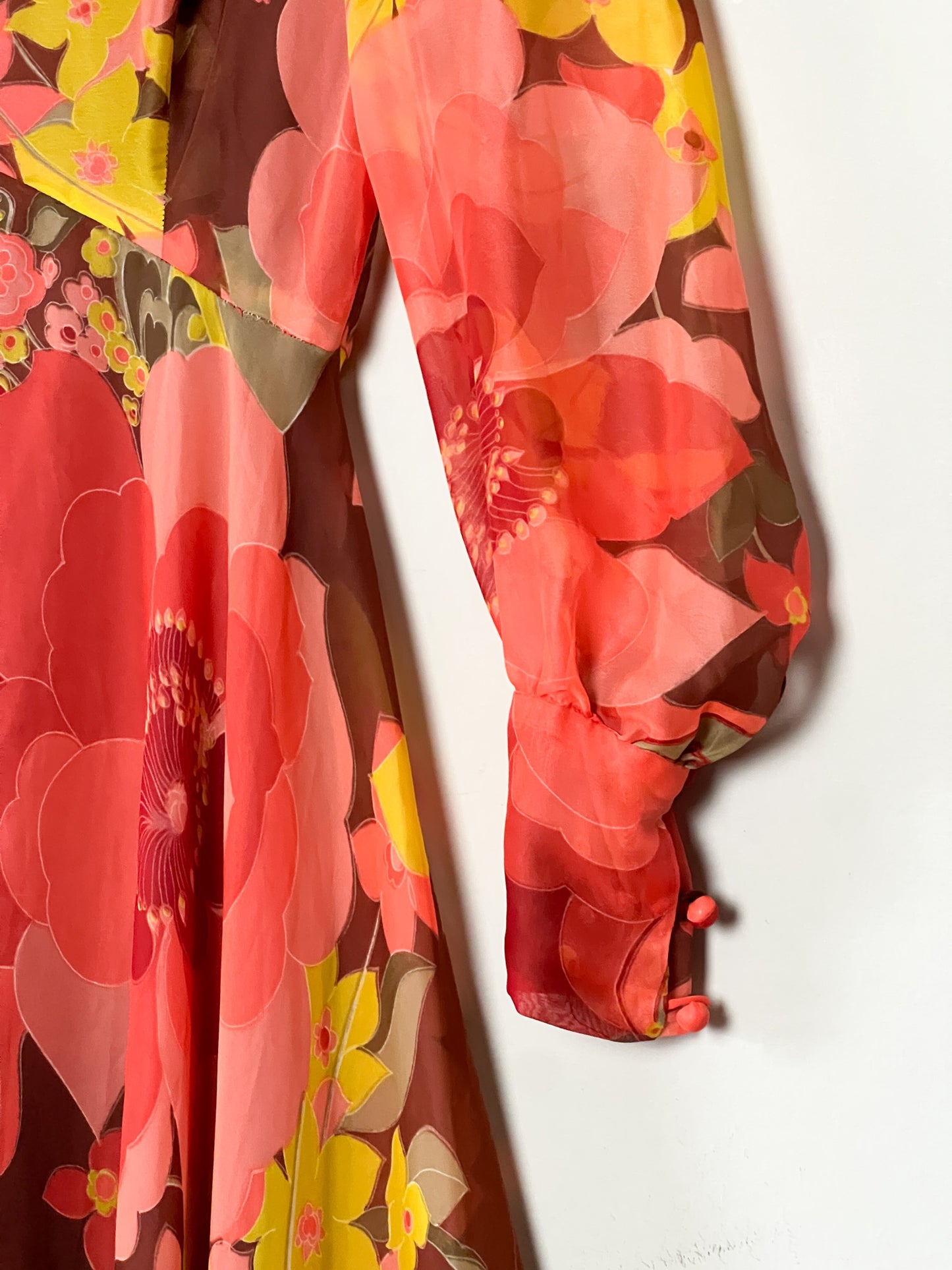 Robe Longue Vaporeuse Vintage Années 70 - Imprimé Floral Chaleureux - Fabriquée en France - T. 36/38