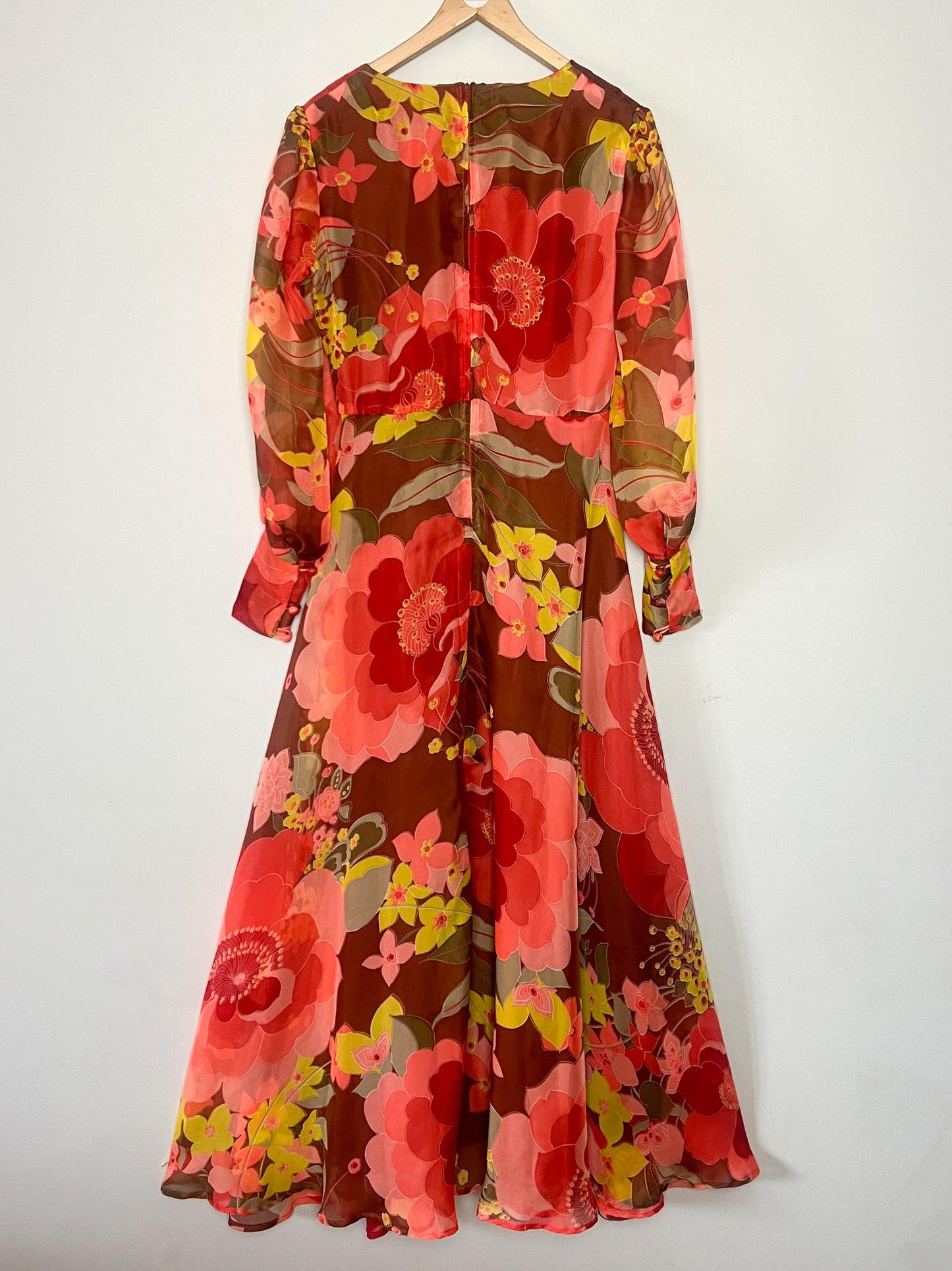 Robe Longue Vaporeuse Vintage Années 70 - Imprimé Floral Chaleureux - Fabriquée en France - T. 36/38