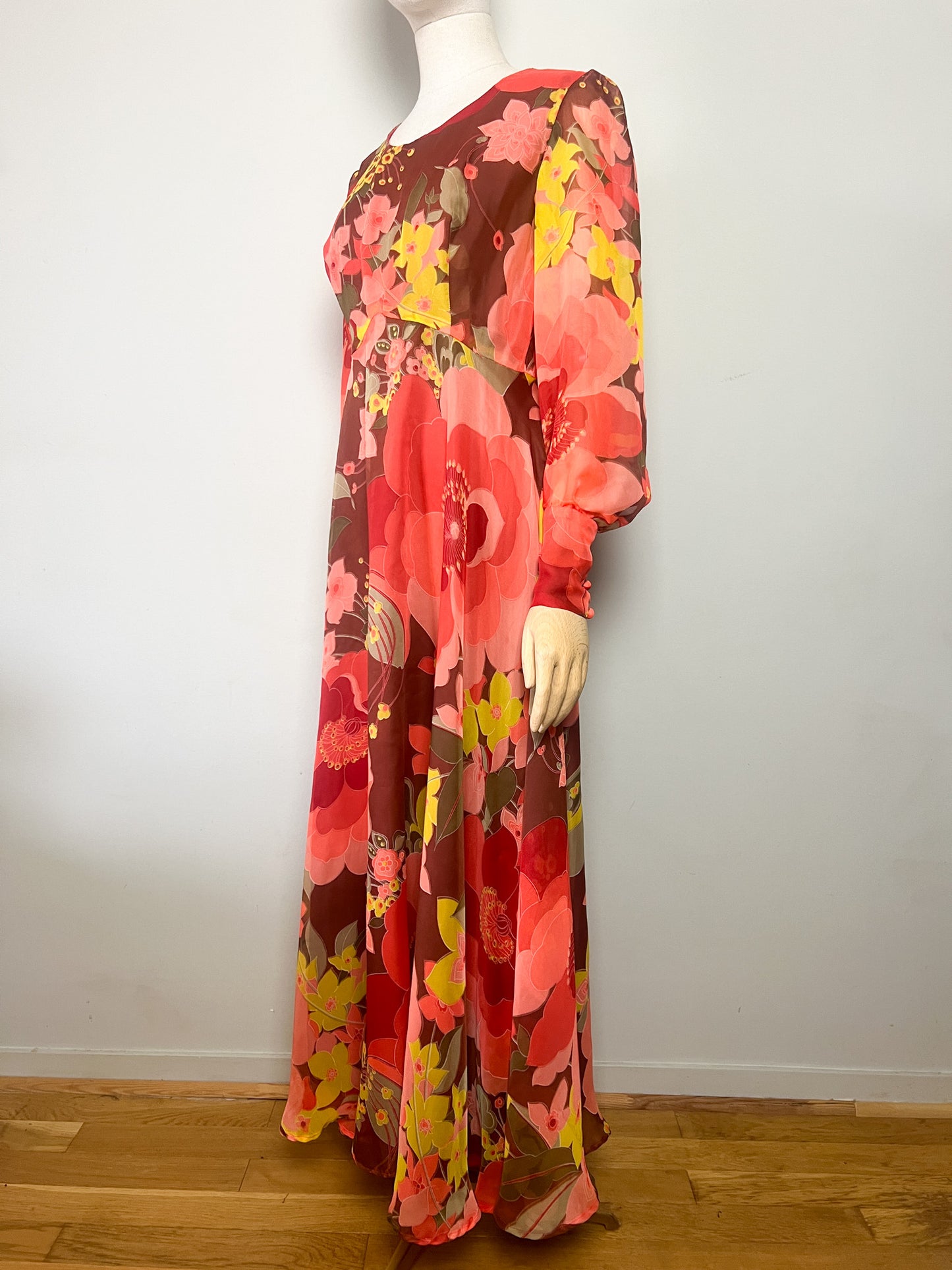 Robe Longue Vaporeuse Vintage Années 70 - Imprimé Floral Chaleureux - Fabriquée en France - T. 36/38