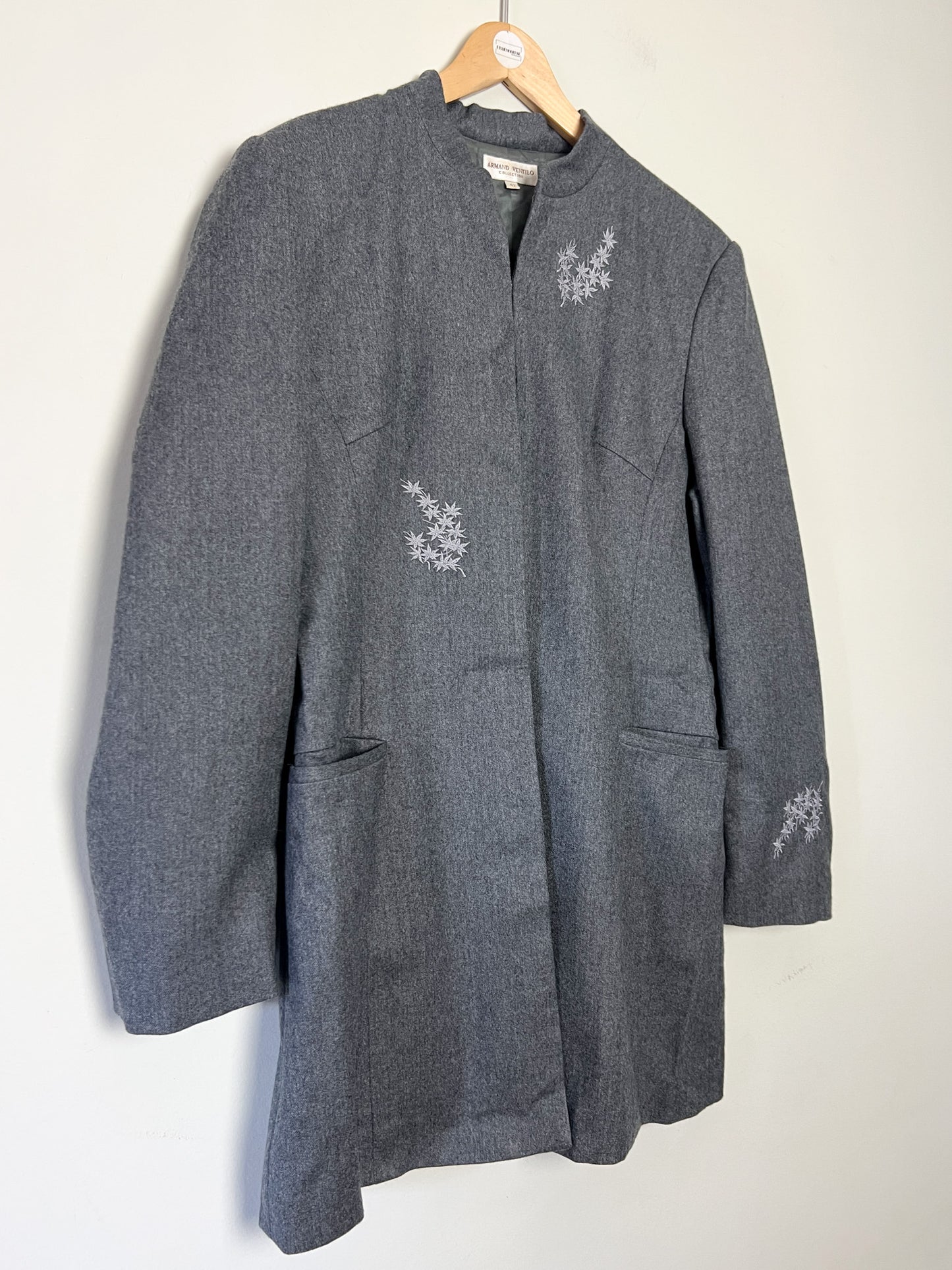 Manteau Armand Ventilo Vintage - Laine Grise Brodée - Col Montant - Années 80/90 - T. 42