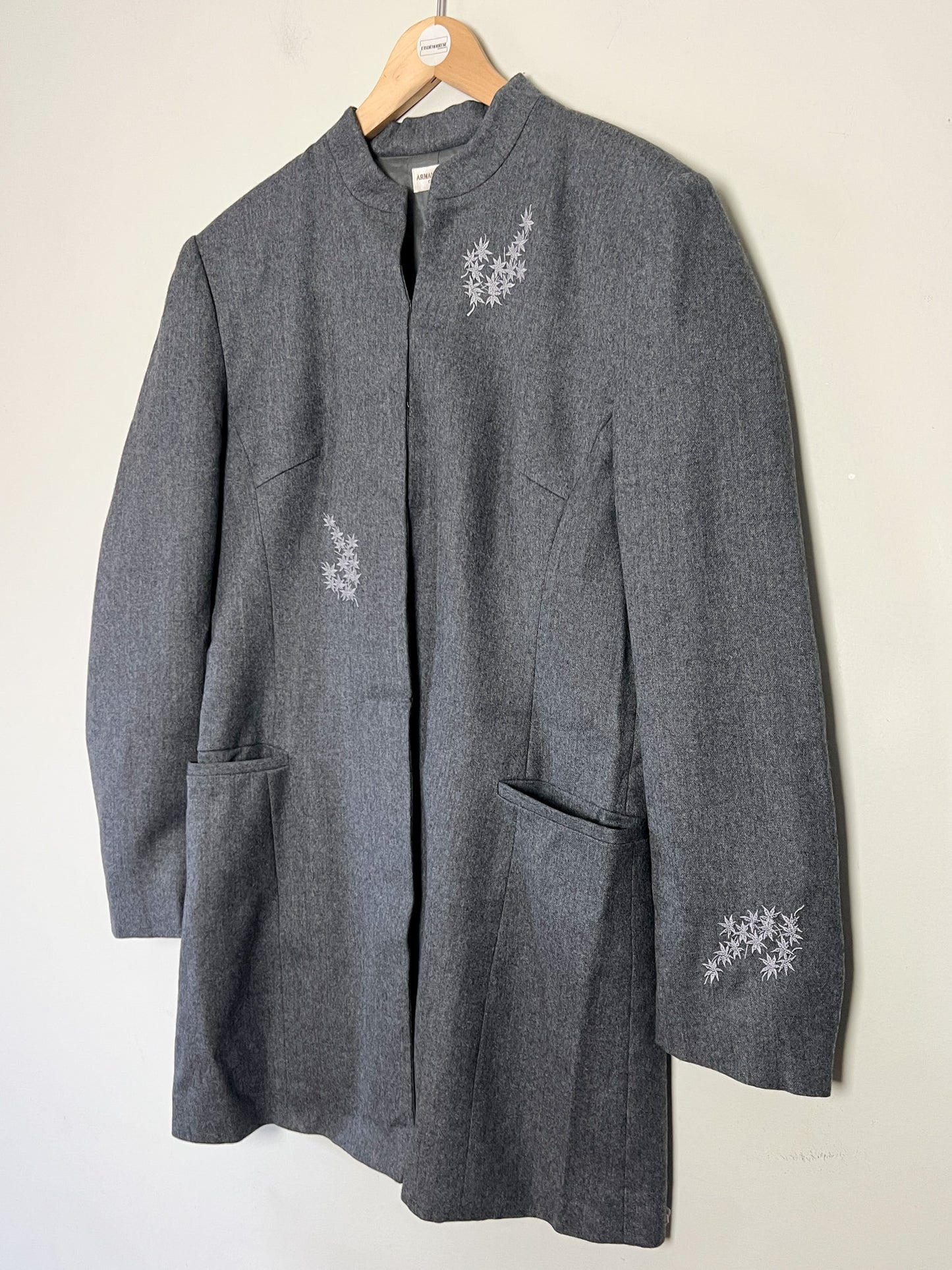 Manteau Armand Ventilo Vintage - Laine Grise Brodée - Col Montant - Années 80/90 - T. 42