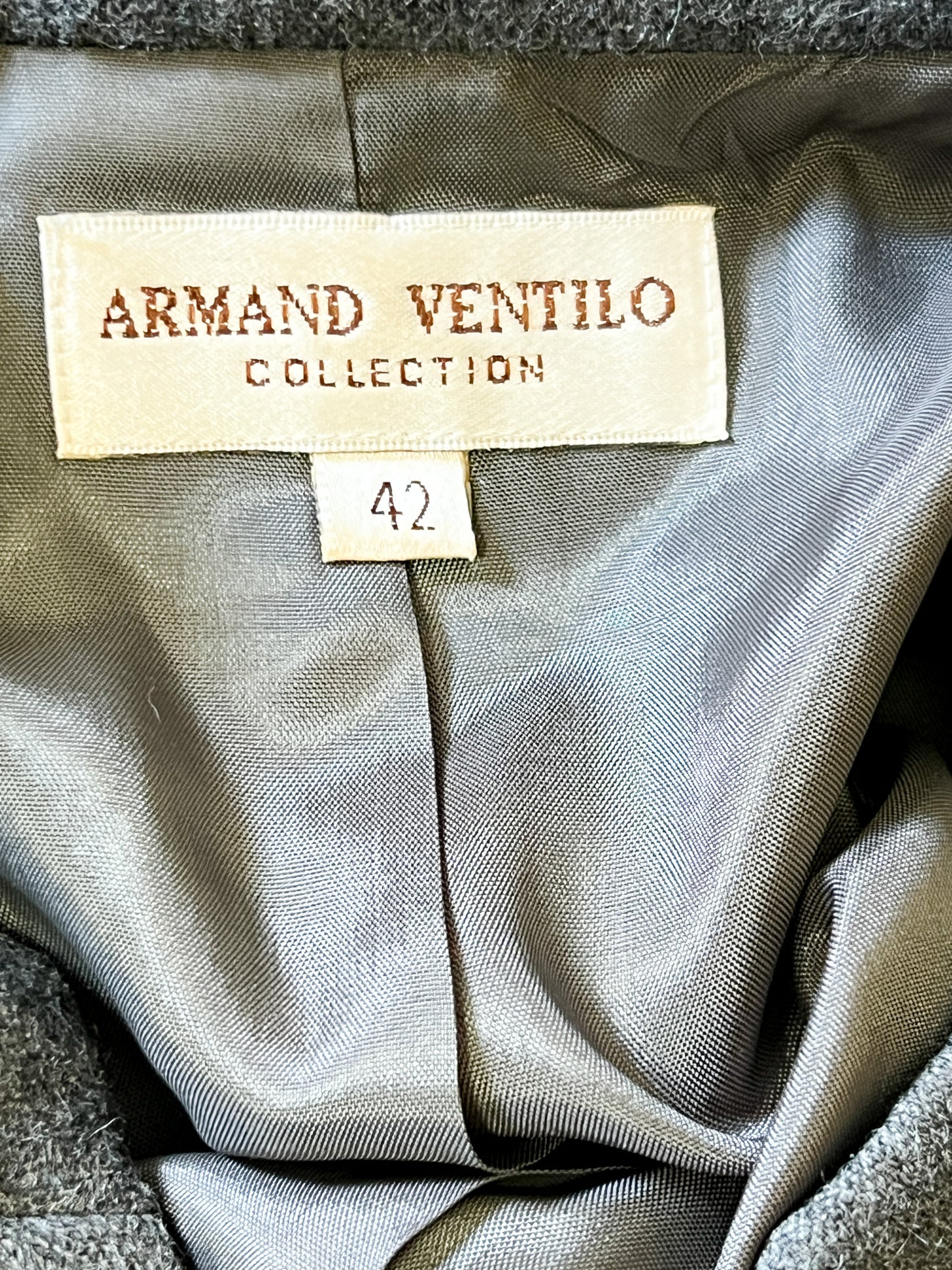 Manteau Armand Ventilo Vintage - Laine Grise Brodée - Col Montant - Années 80/90 - T. 42