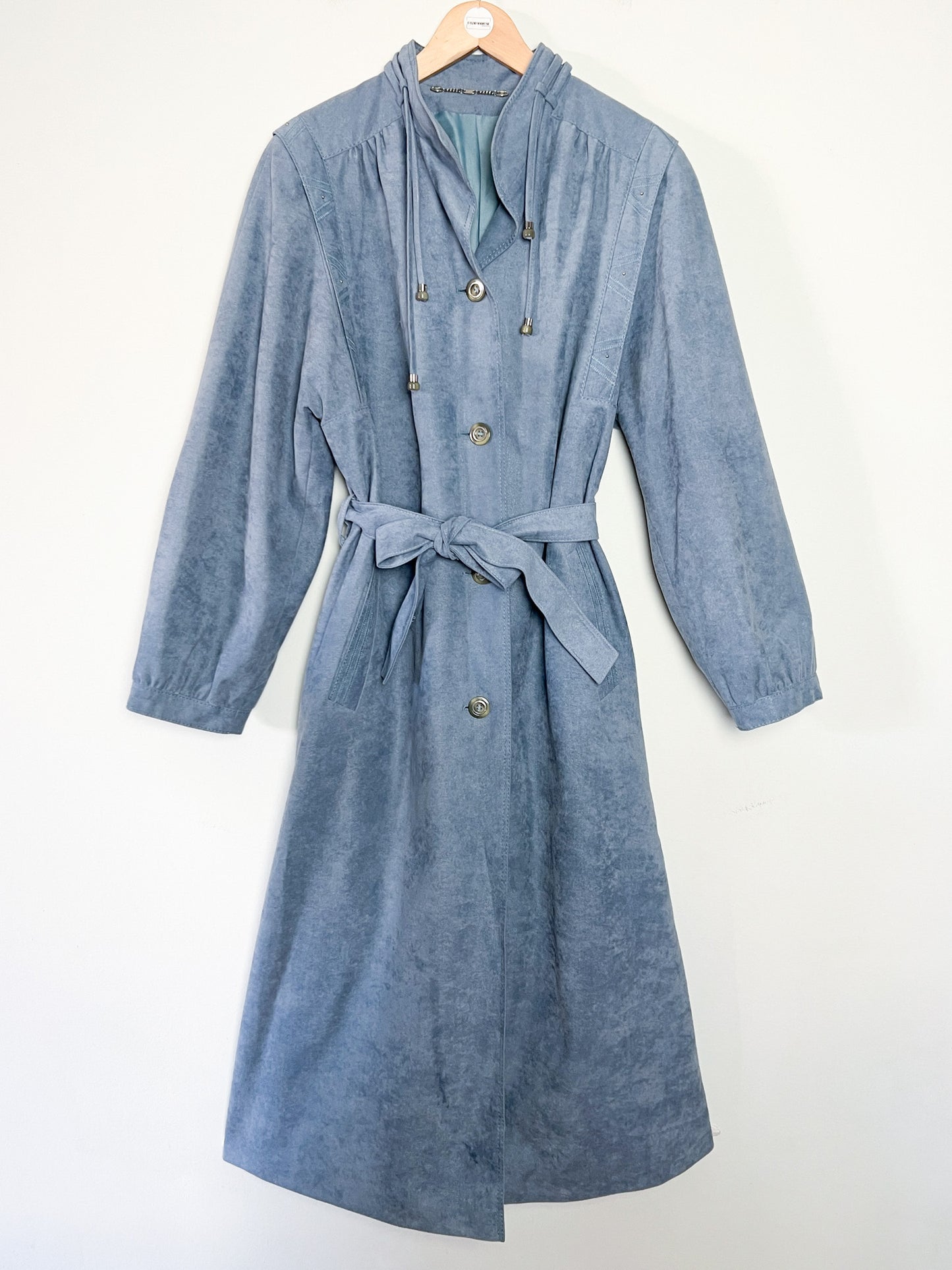 Manteau Long Vintage GOTZ MODELL - Suédine Bleu Ciel Années 80 - T. 38/40