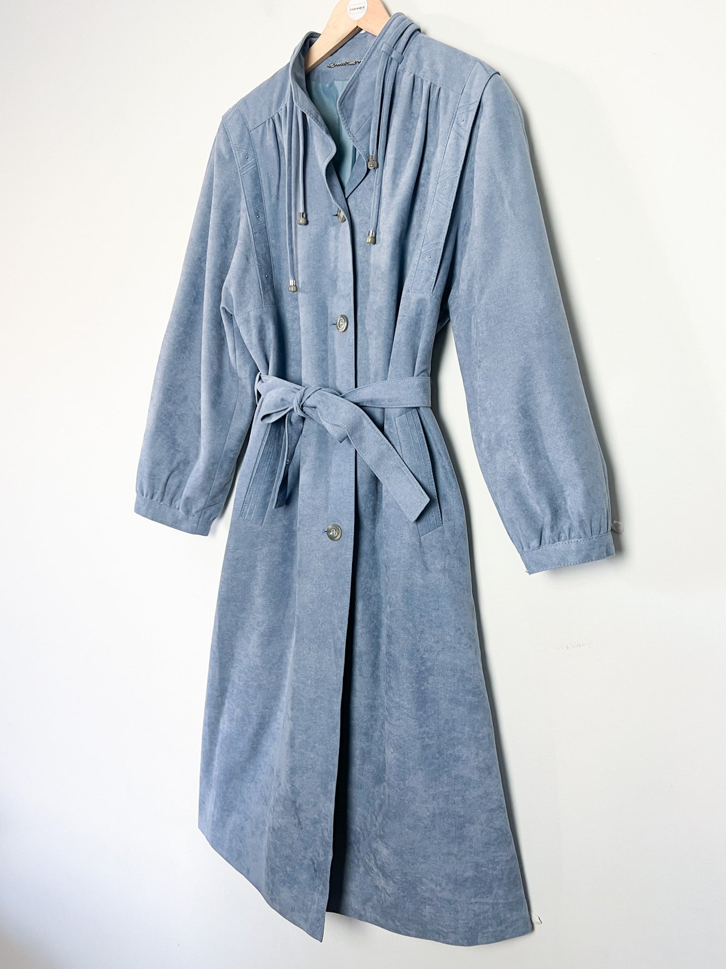 Manteau Long Vintage GOTZ MODELL - Suédine Bleu Ciel Années 80 - T. 38/40