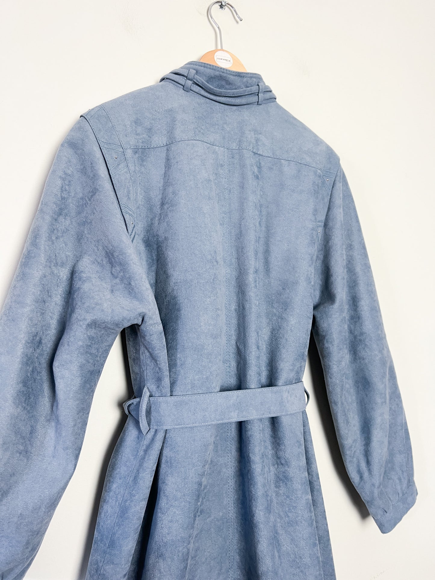 Manteau Long Vintage GOTZ MODELL - Suédine Bleu Ciel Années 80 - T. 38/40