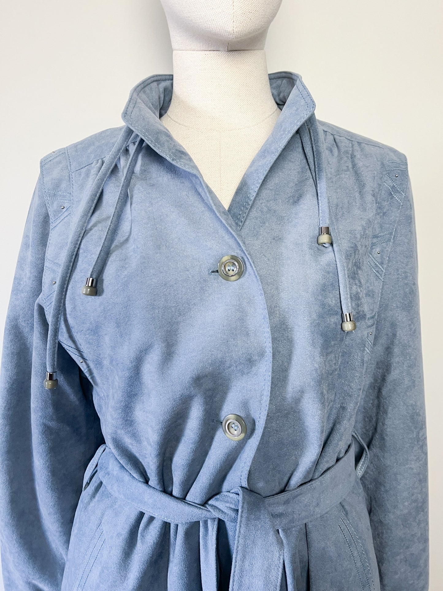 Manteau Long Vintage GOTZ MODELL - Suédine Bleu Ciel Années 80 - T. 38/40