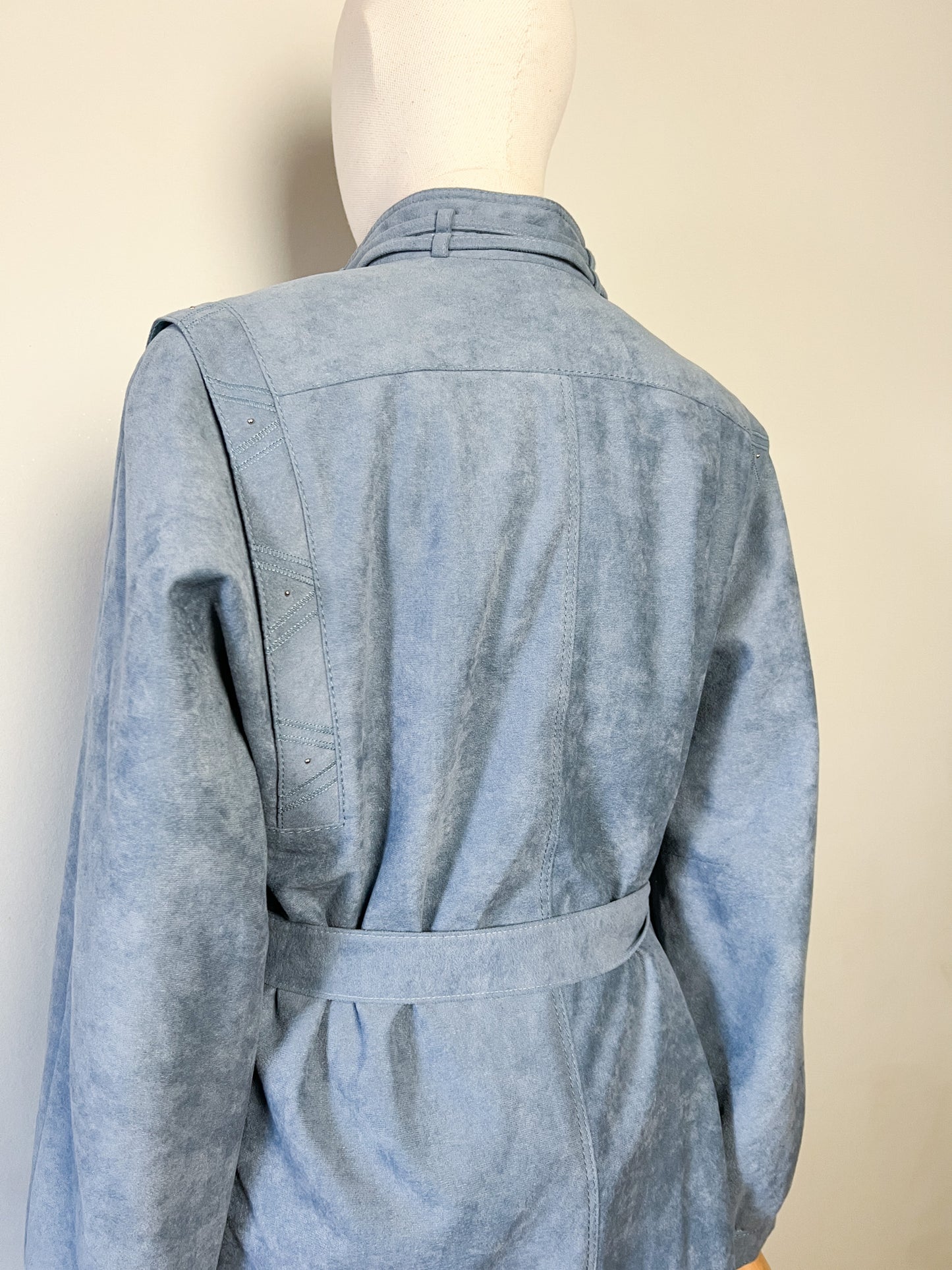 Manteau Long Vintage GOTZ MODELL - Suédine Bleu Ciel Années 80 - T. 38/40