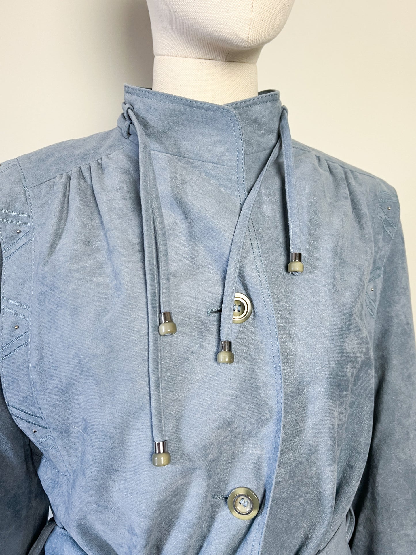 Manteau Long Vintage GOTZ MODELL - Suédine Bleu Ciel Années 80 - T. 38/40