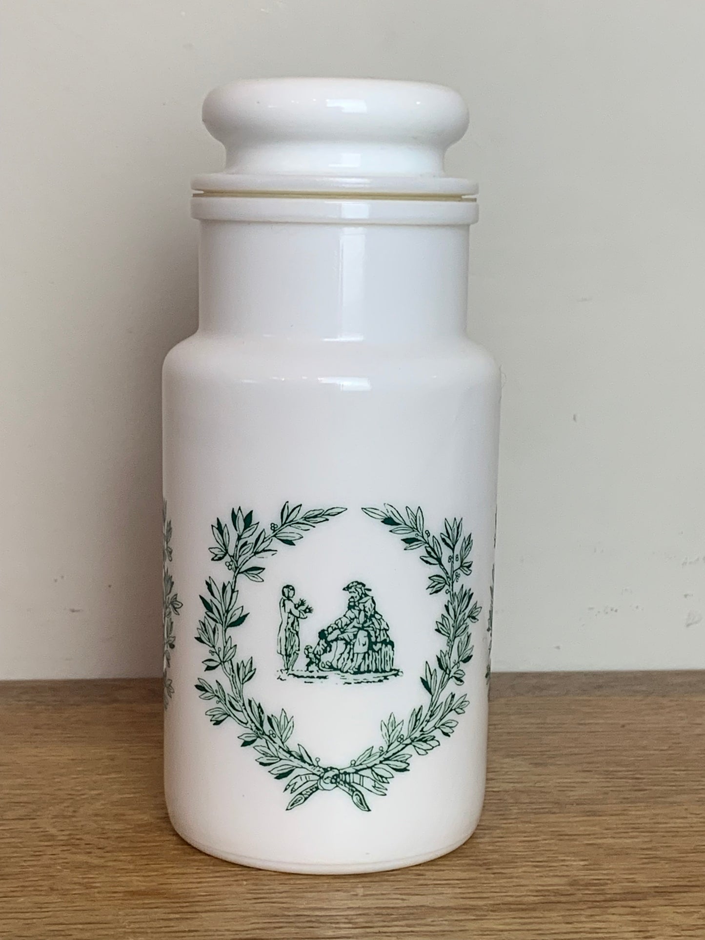 Pot ancien apothicaire en opaline blanc décors verts