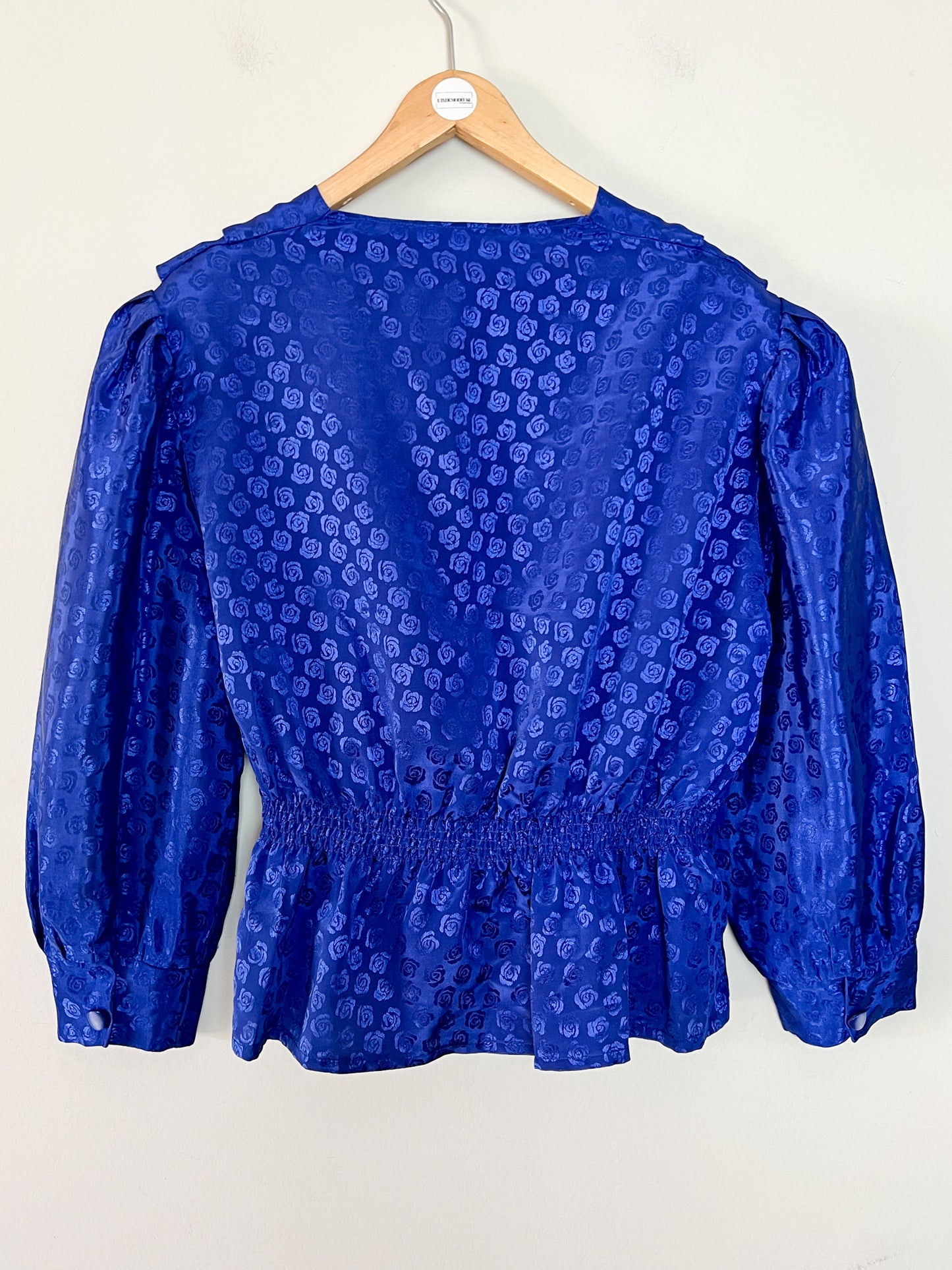 Blouse Vintage Années 80 Bleue Roi Damassée Roses - Croisée & Basques - T. 38 FR (M)