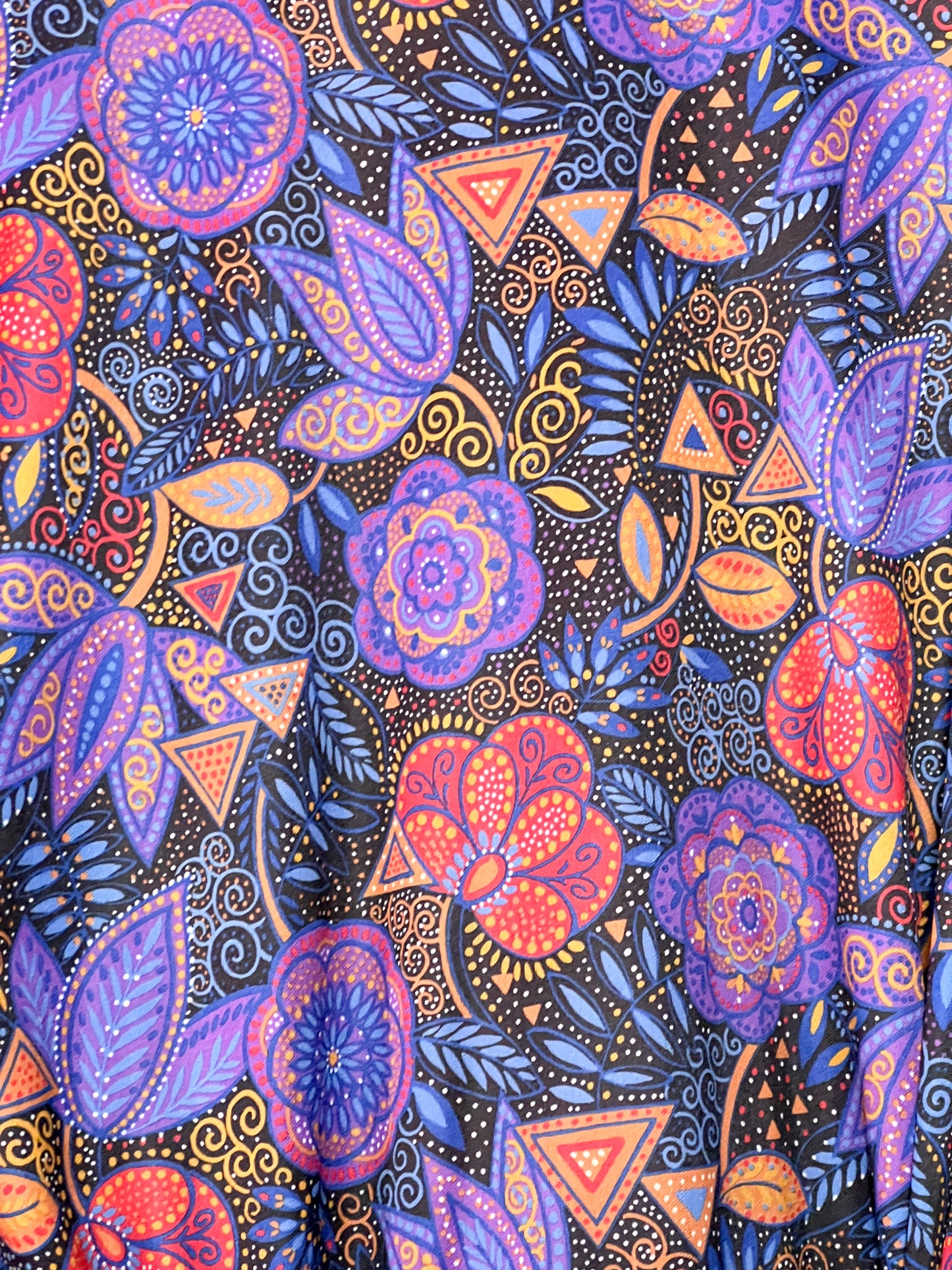 Robe Chemisier Vintage Fluide Imprimé Cachemire / Foulard - Tons Bleu, Ocre, Violet - Bas Plissé & Ceinture - Années 70/80 - T. 36 FR (S)