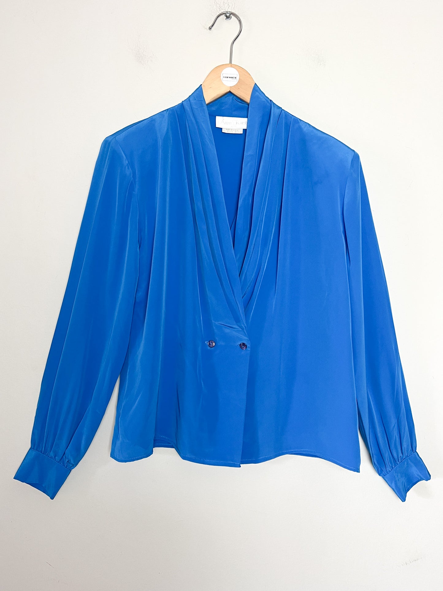 Chemisier Blouse Vintage Anna Kriste - Drapé Sophistiqué Bleu Cobalt - Épaulettes & Style Années 80 - T. 36 FR (S)