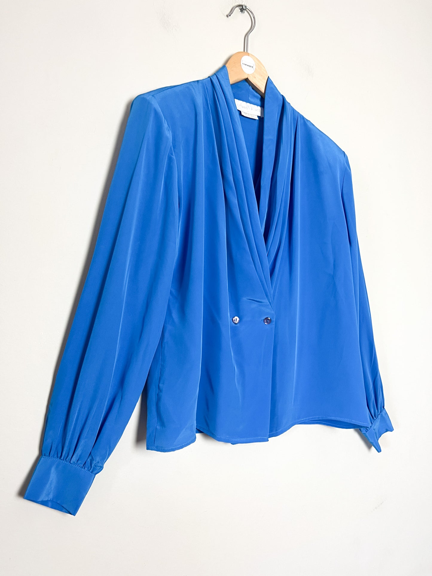 Chemisier Blouse Vintage Anna Kriste - Drapé Sophistiqué Bleu Cobalt - Épaulettes & Style Années 80 - T. 36 FR (S)