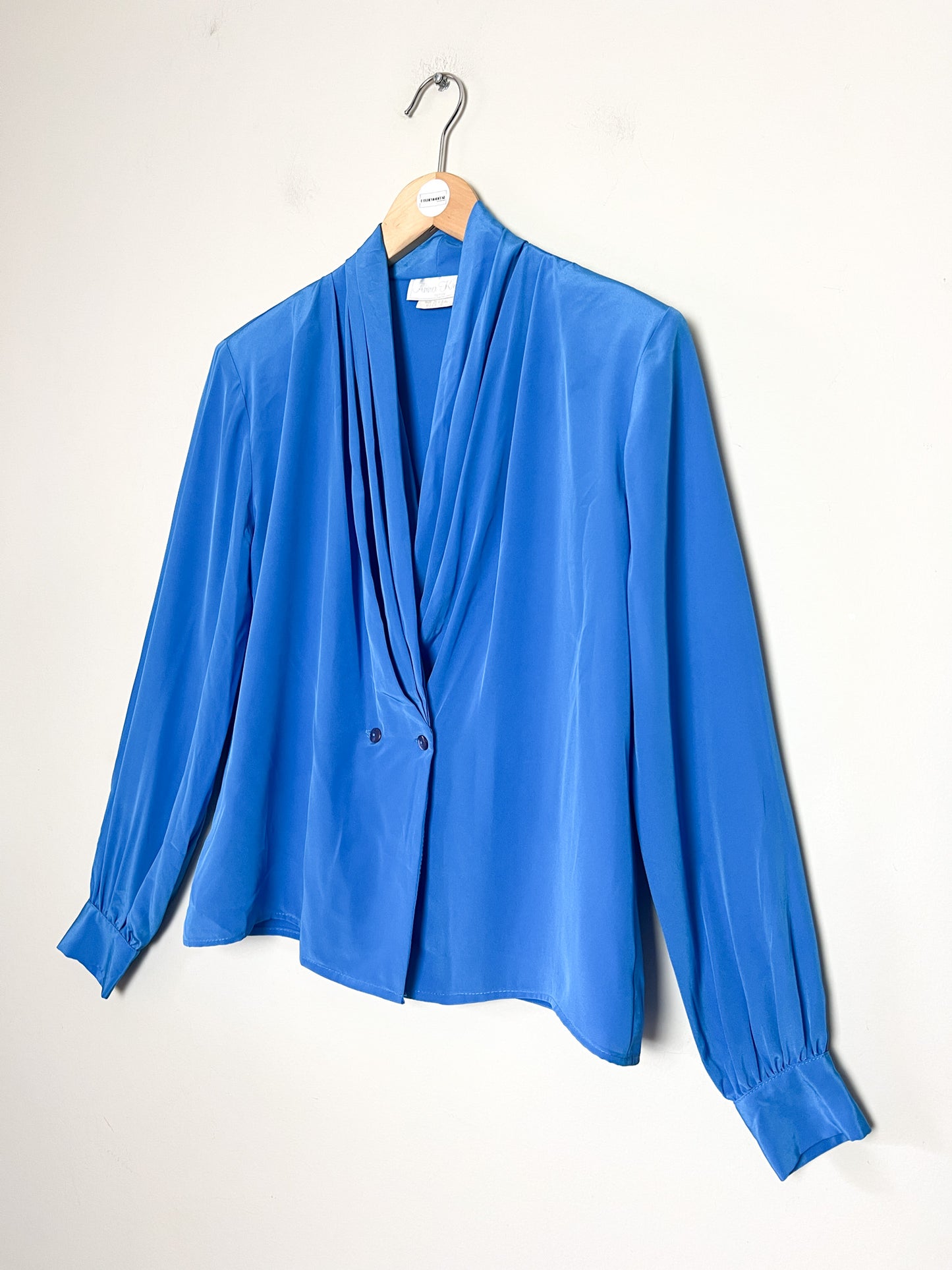 Chemisier Blouse Vintage Anna Kriste - Drapé Sophistiqué Bleu Cobalt - Épaulettes & Style Années 80 - T. 36 FR (S)