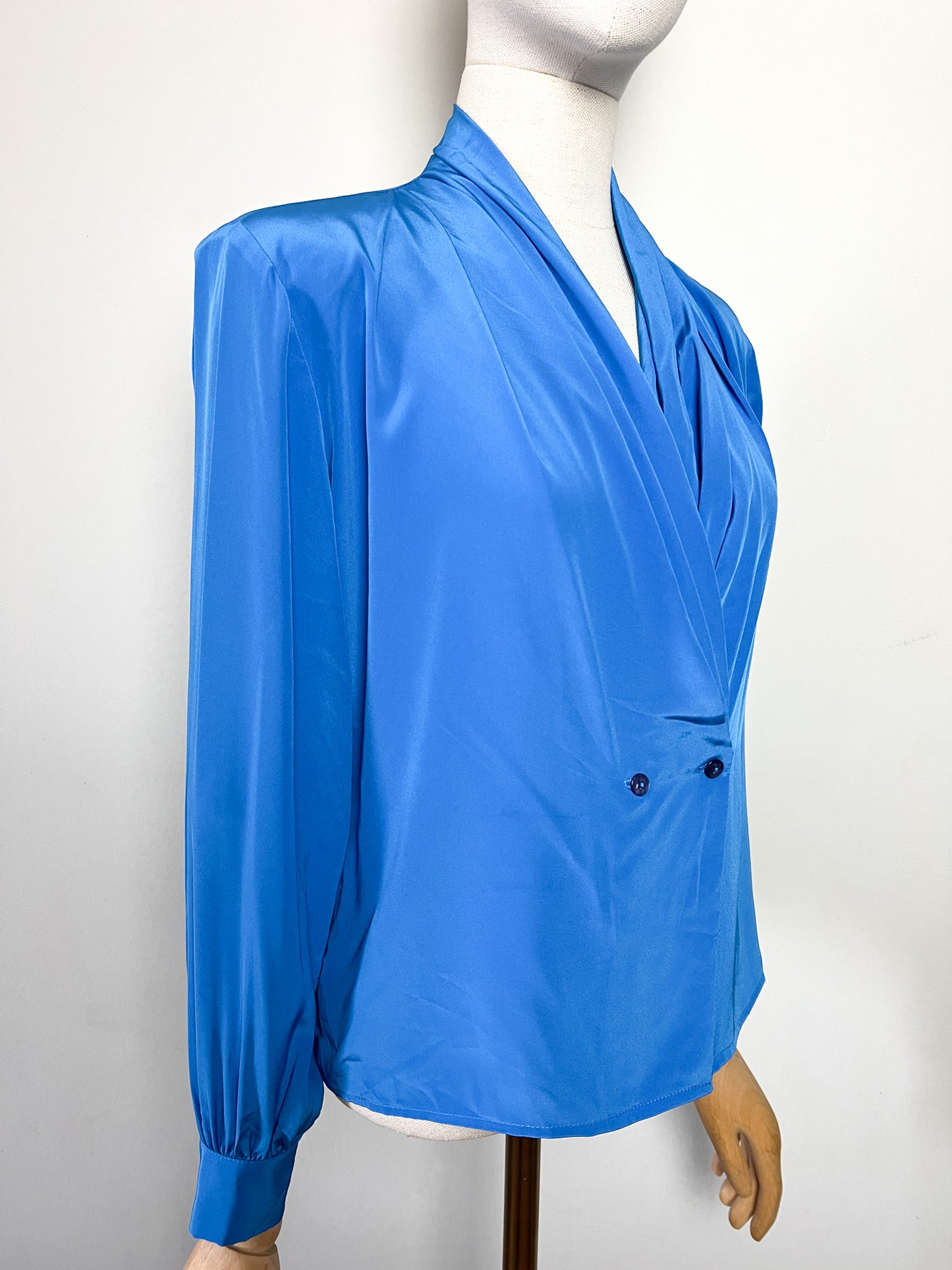 Chemisier Blouse Vintage Anna Kriste - Drapé Sophistiqué Bleu Cobalt - Épaulettes & Style Années 80 - T. 36 FR (S)