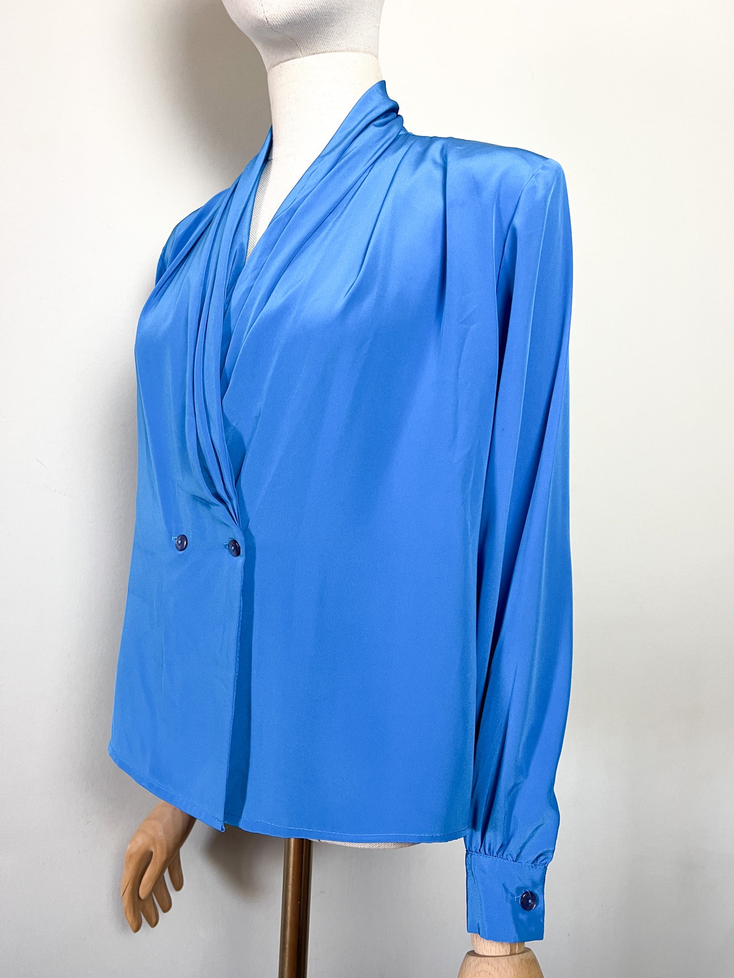Chemisier Blouse Vintage Anna Kriste - Drapé Sophistiqué Bleu Cobalt - Épaulettes & Style Années 80 - T. 36 FR (S)