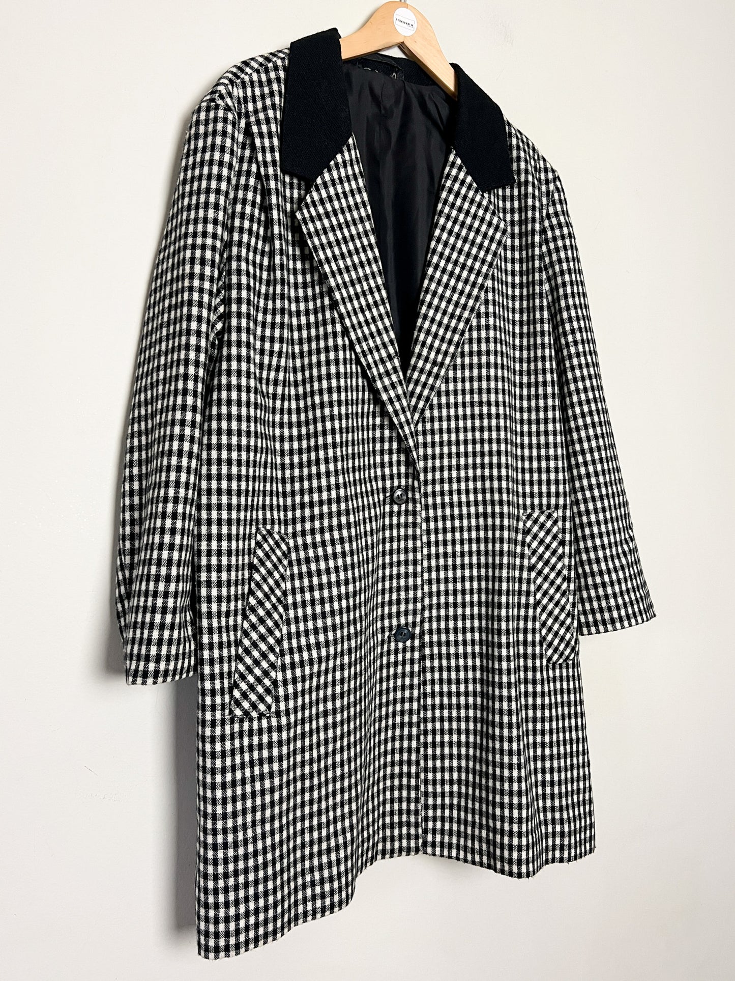 Manteau Veste Longue Vintage Vichy Noir & Blanc - Col Velours - Années 80/90 - T. 40/42