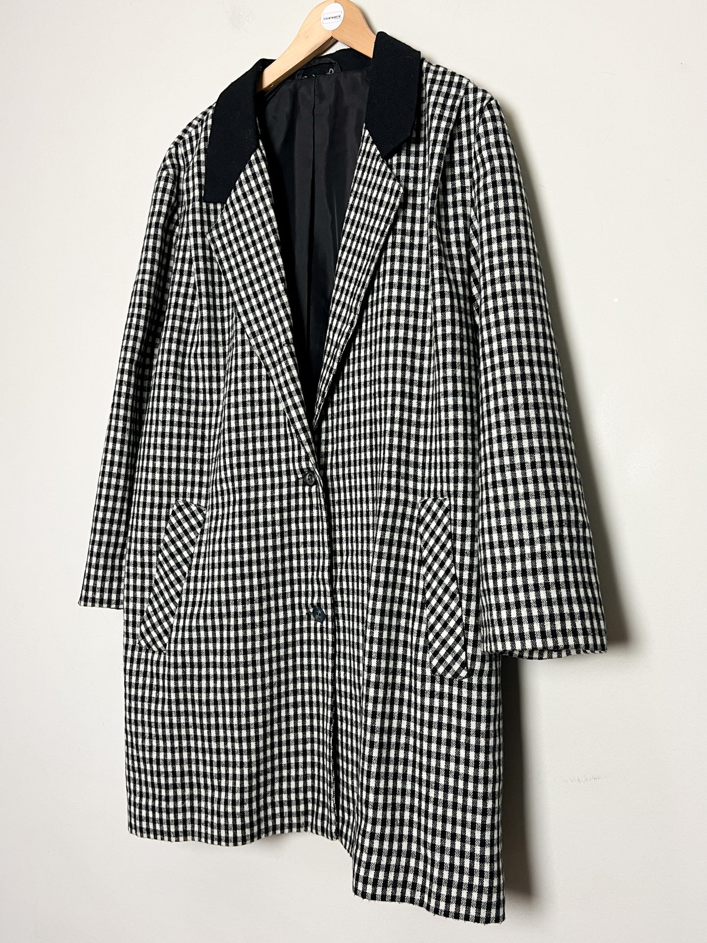 Manteau Veste Longue Vintage Vichy Noir & Blanc - Col Velours - Années 80/90 - T. 40/42