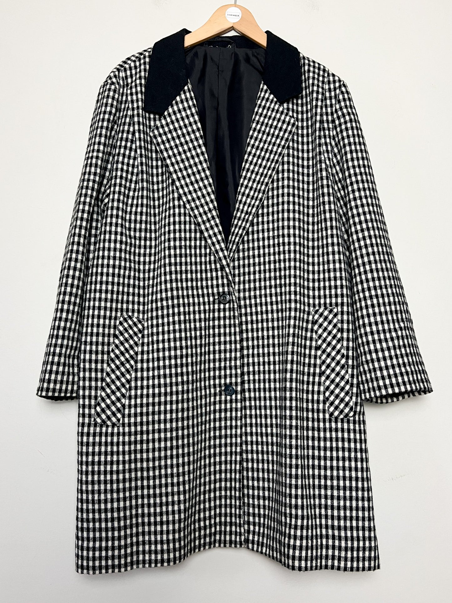 Manteau Veste Longue Vintage Vichy Noir & Blanc - Col Velours - Années 80/90 - T. 40/42