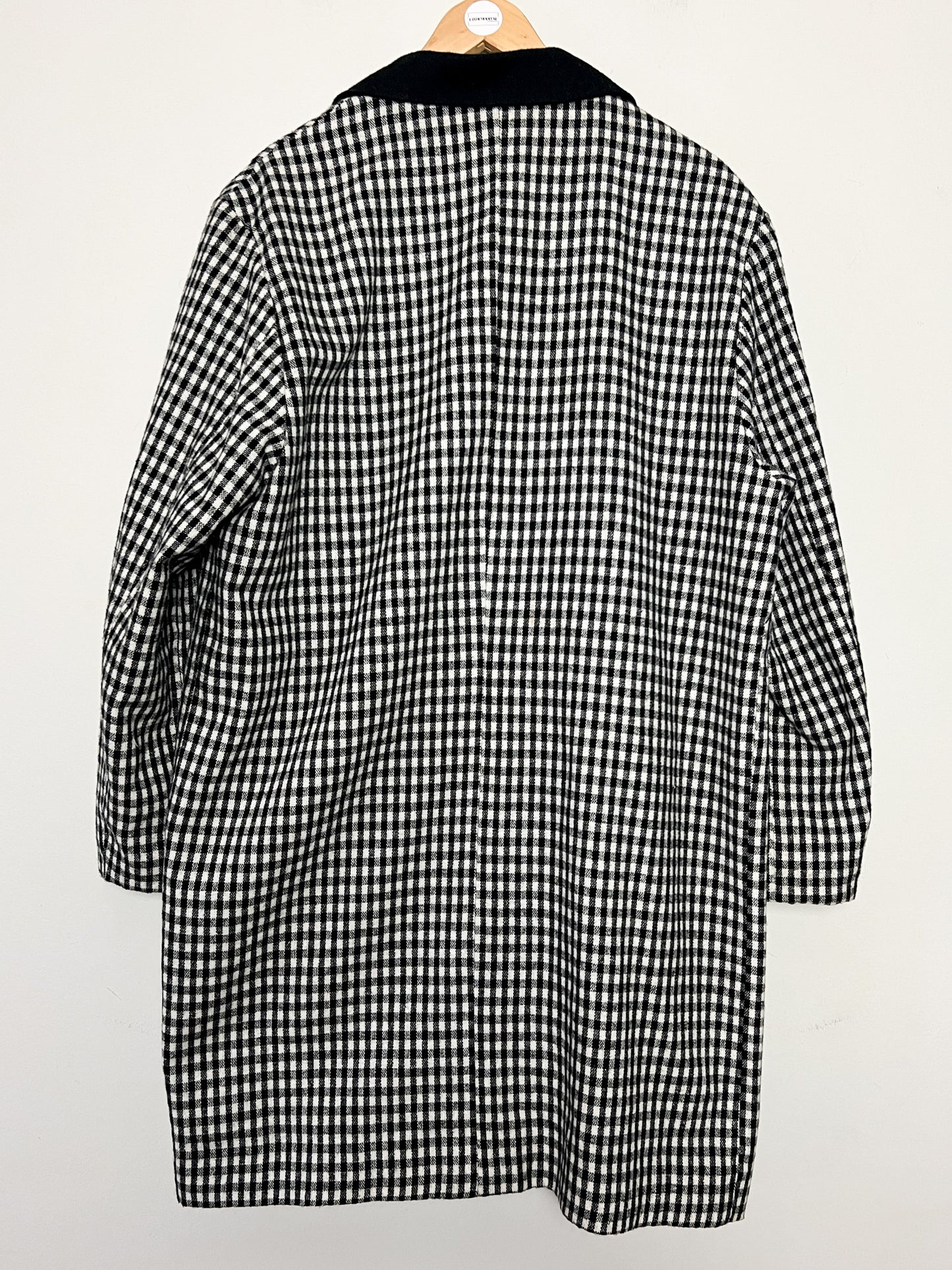 Manteau Veste Longue Vintage Vichy Noir & Blanc - Col Velours - Années 80/90 - T. 40/42