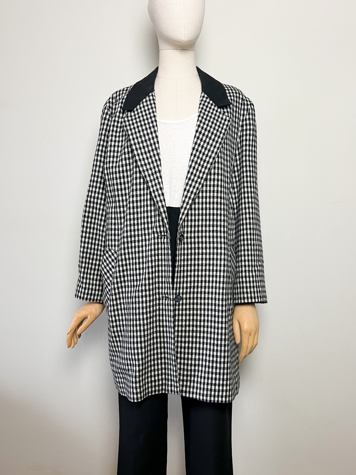 Manteau Veste Longue Vintage Vichy Noir & Blanc - Col Velours - Années 80/90 - T. 40/42