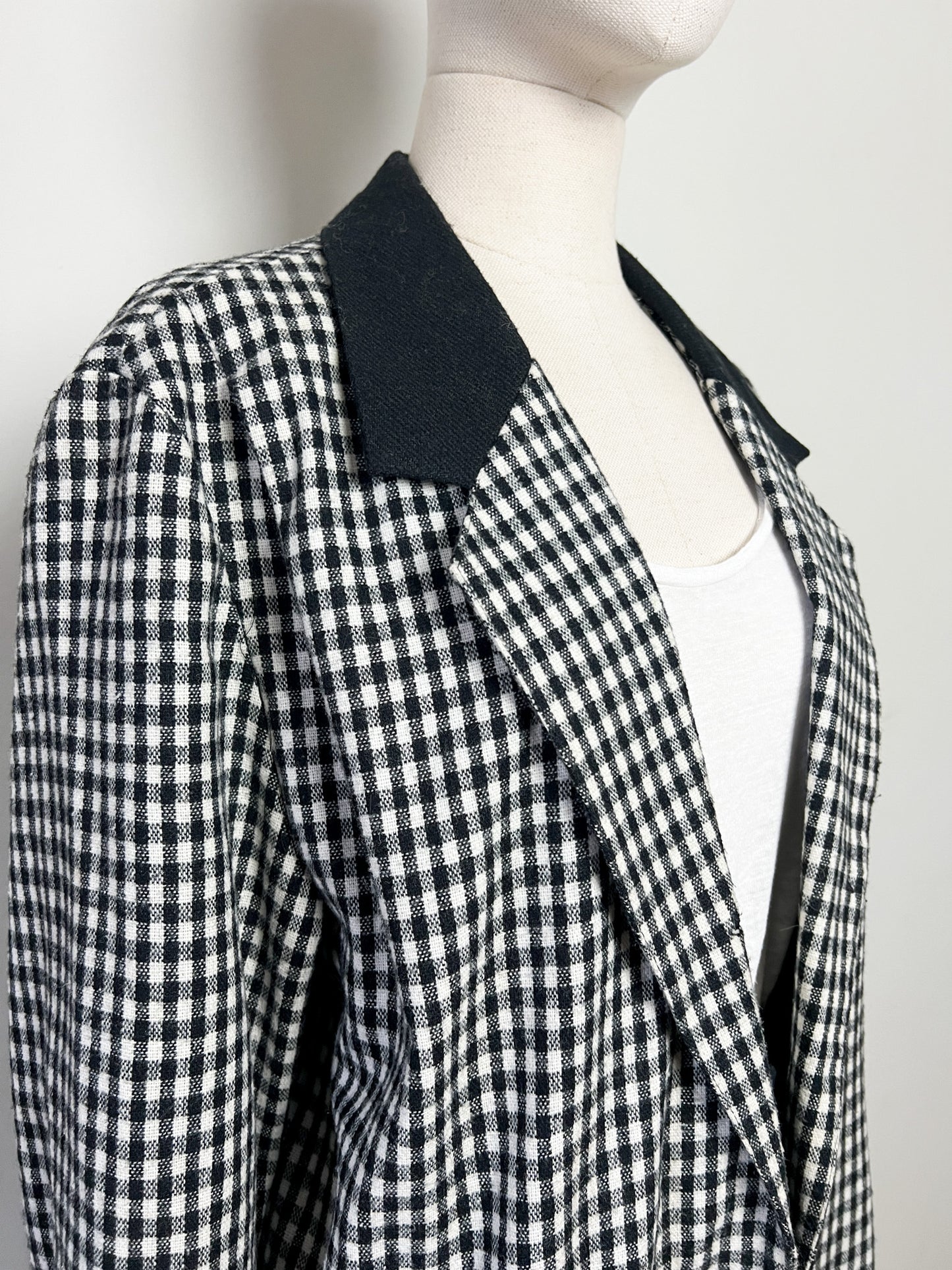 Manteau Veste Longue Vintage Vichy Noir & Blanc - Col Velours - Années 80/90 - T. 40/42
