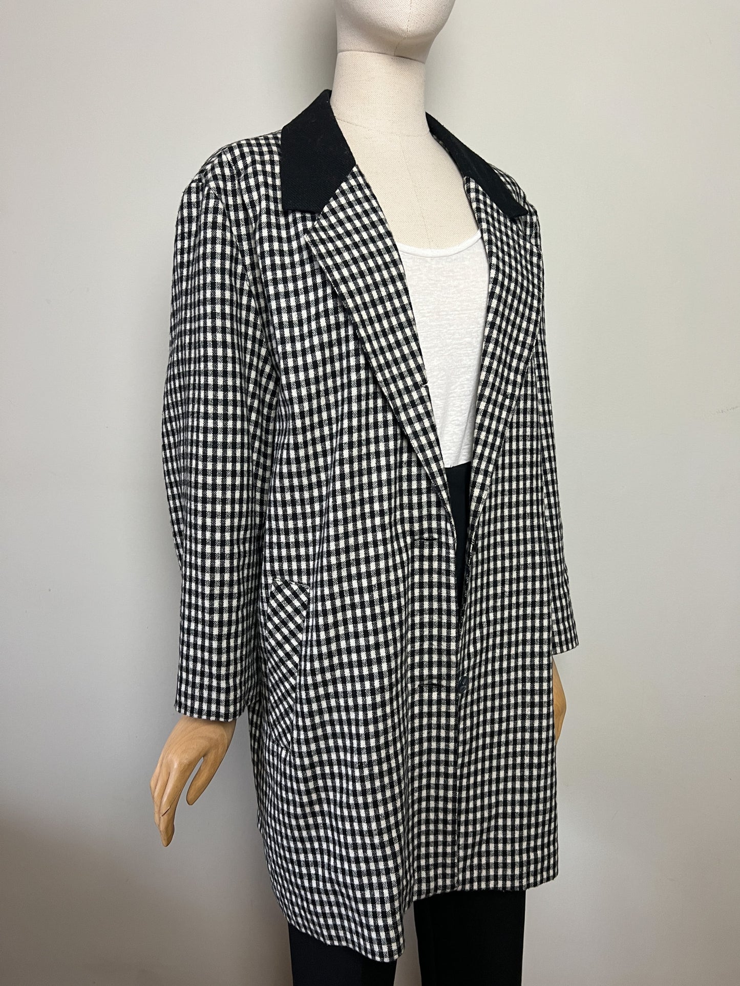 Manteau Veste Longue Vintage Vichy Noir & Blanc - Col Velours - Années 80/90 - T. 40/42
