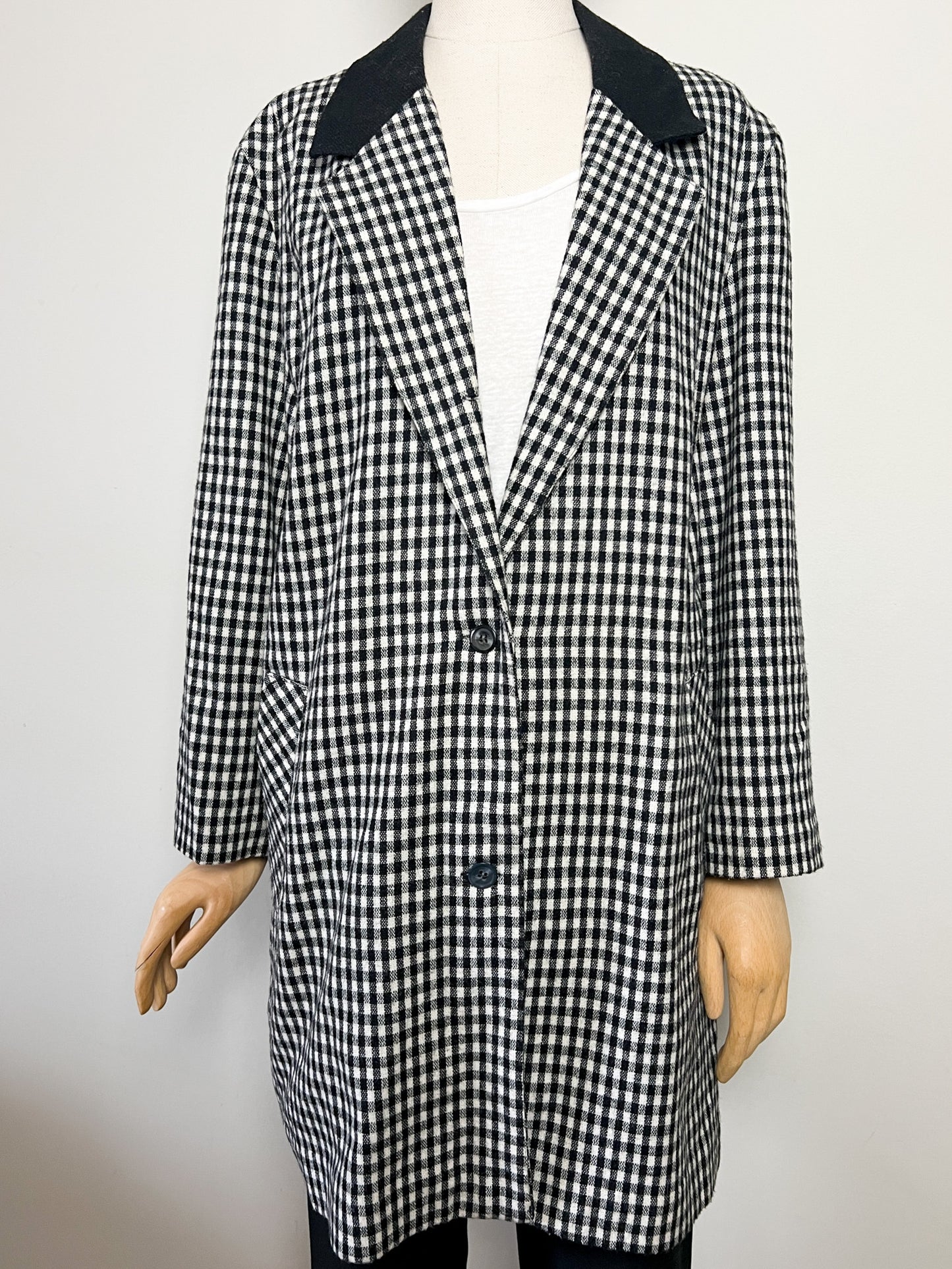 Manteau Veste Longue Vintage Vichy Noir & Blanc - Col Velours - Années 80/90 - T. 40/42