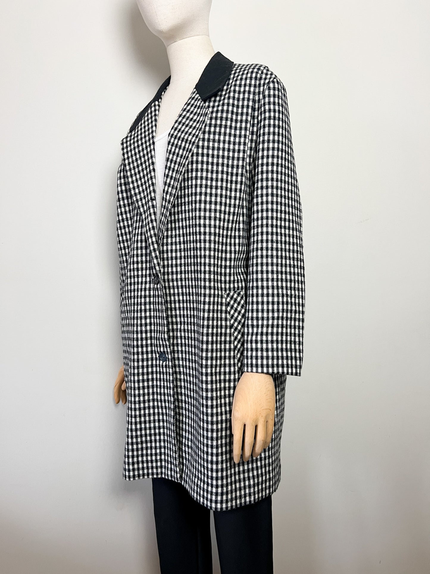 Manteau Veste Longue Vintage Vichy Noir & Blanc - Col Velours - Années 80/90 - T. 40/42