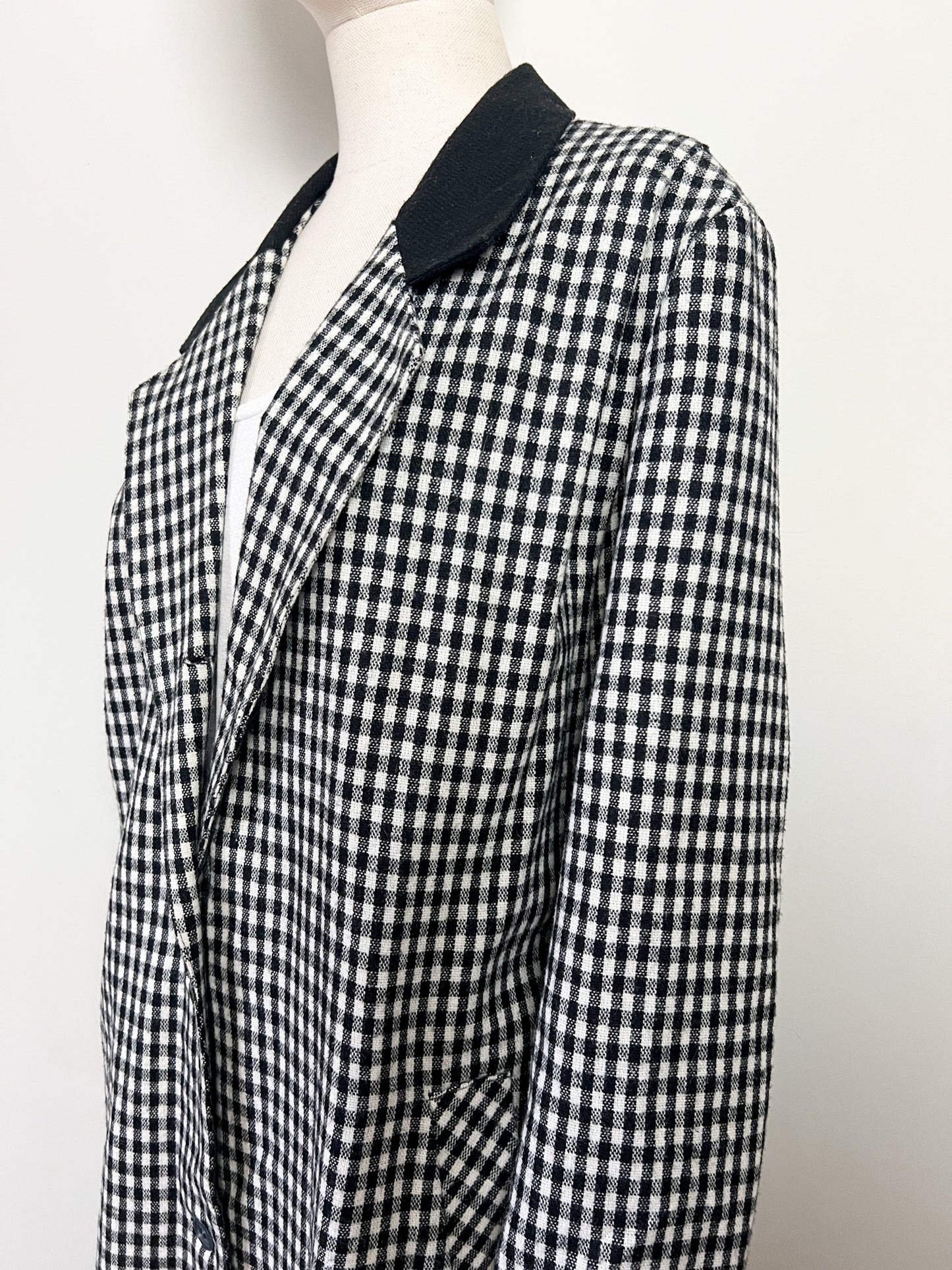 Manteau Veste Longue Vintage Vichy Noir & Blanc - Col Velours - Années 80/90 - T. 40/42