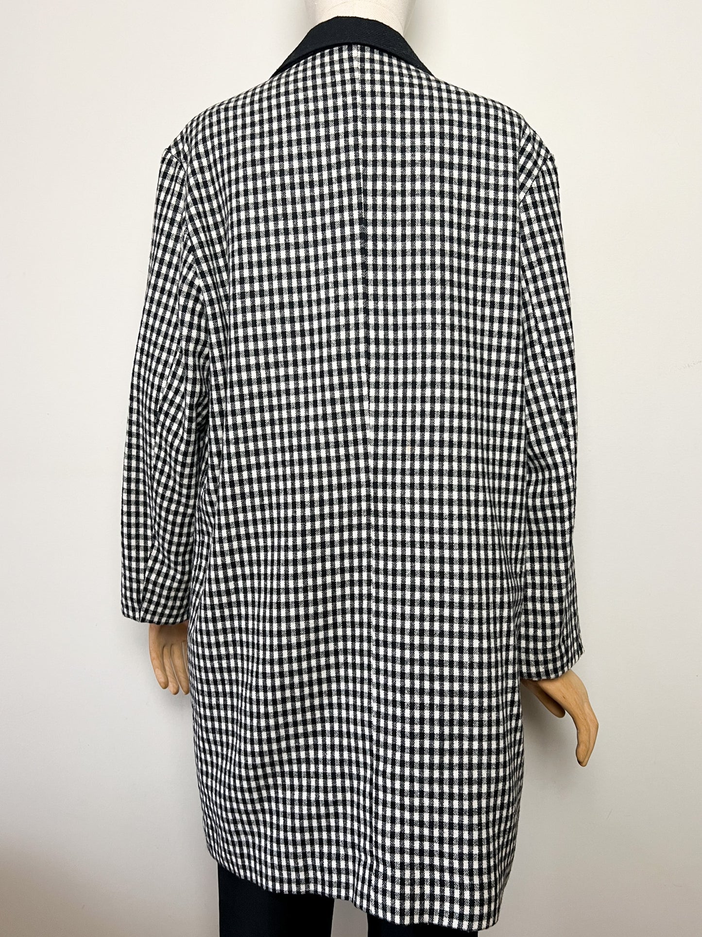 Manteau Veste Longue Vintage Vichy Noir & Blanc - Col Velours - Années 80/90 - T. 40/42