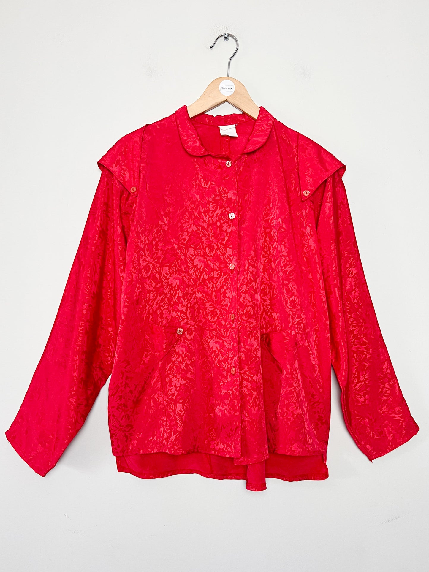 Blouse Chemisier Vintage Oversize Rouge Damassé - Col Modulable - Années 80/90 - T. 38 à 44 FR (M à XXL)