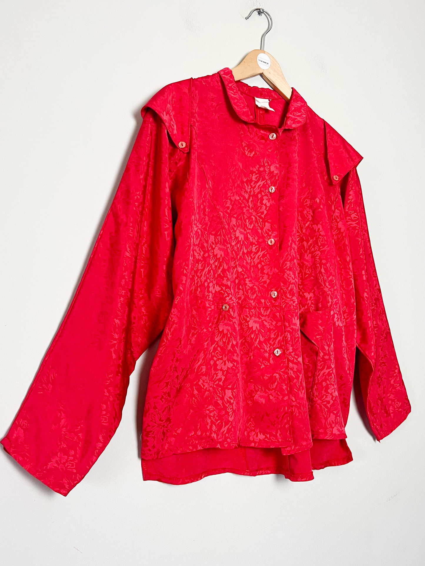 Blouse Chemisier Vintage Oversize Rouge Damassé - Col Modulable - Années 80/90 - T. 38 à 44 FR (M à XXL)