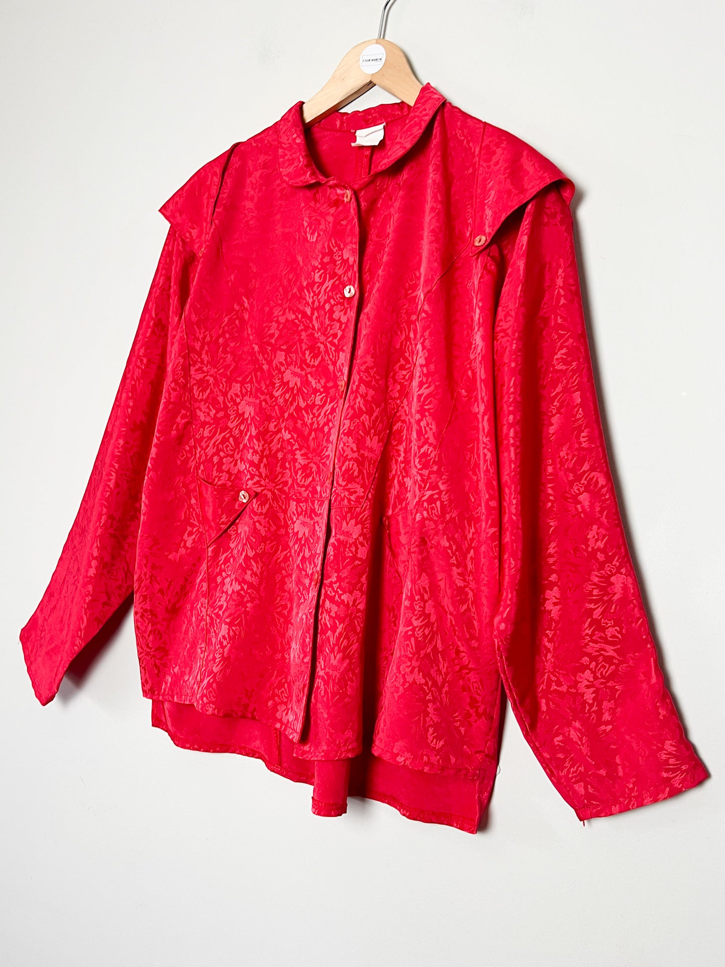 Blouse Chemisier Vintage Oversize Rouge Damassé - Col Modulable - Années 80/90 - T. 38 à 44 FR (M à XXL)