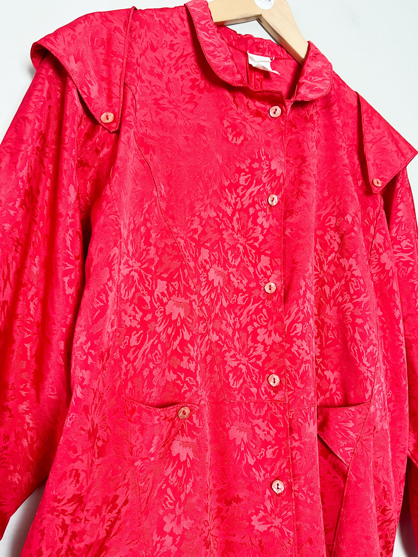 Blouse Chemisier Vintage Oversize Rouge Damassé - Col Modulable - Années 80/90 - T. 38 à 44 FR (M à XXL)