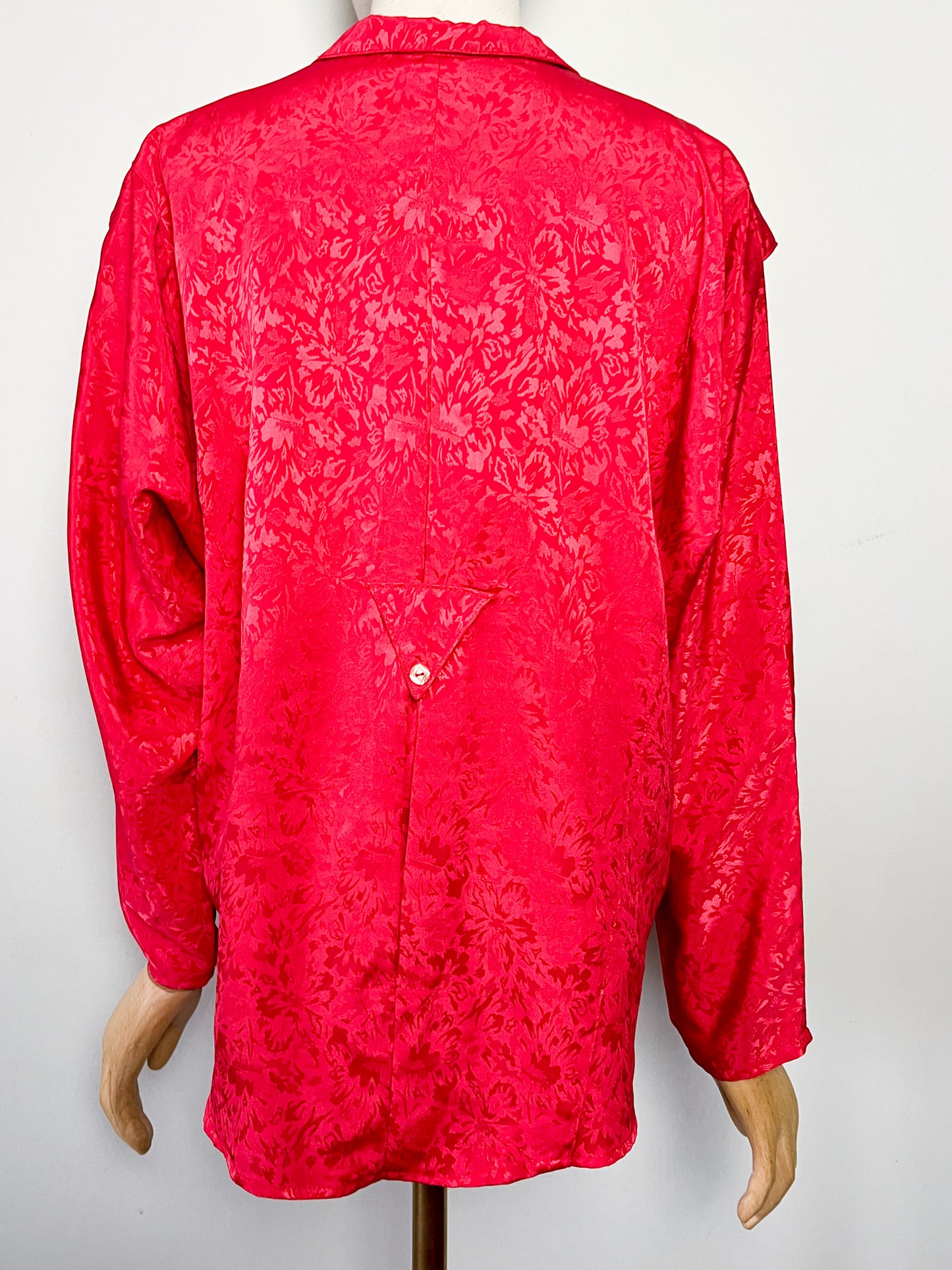 Blouse Chemisier Vintage Oversize Rouge Damassé - Col Modulable - Années 80/90 - T. 38 à 44 FR (M à XXL)