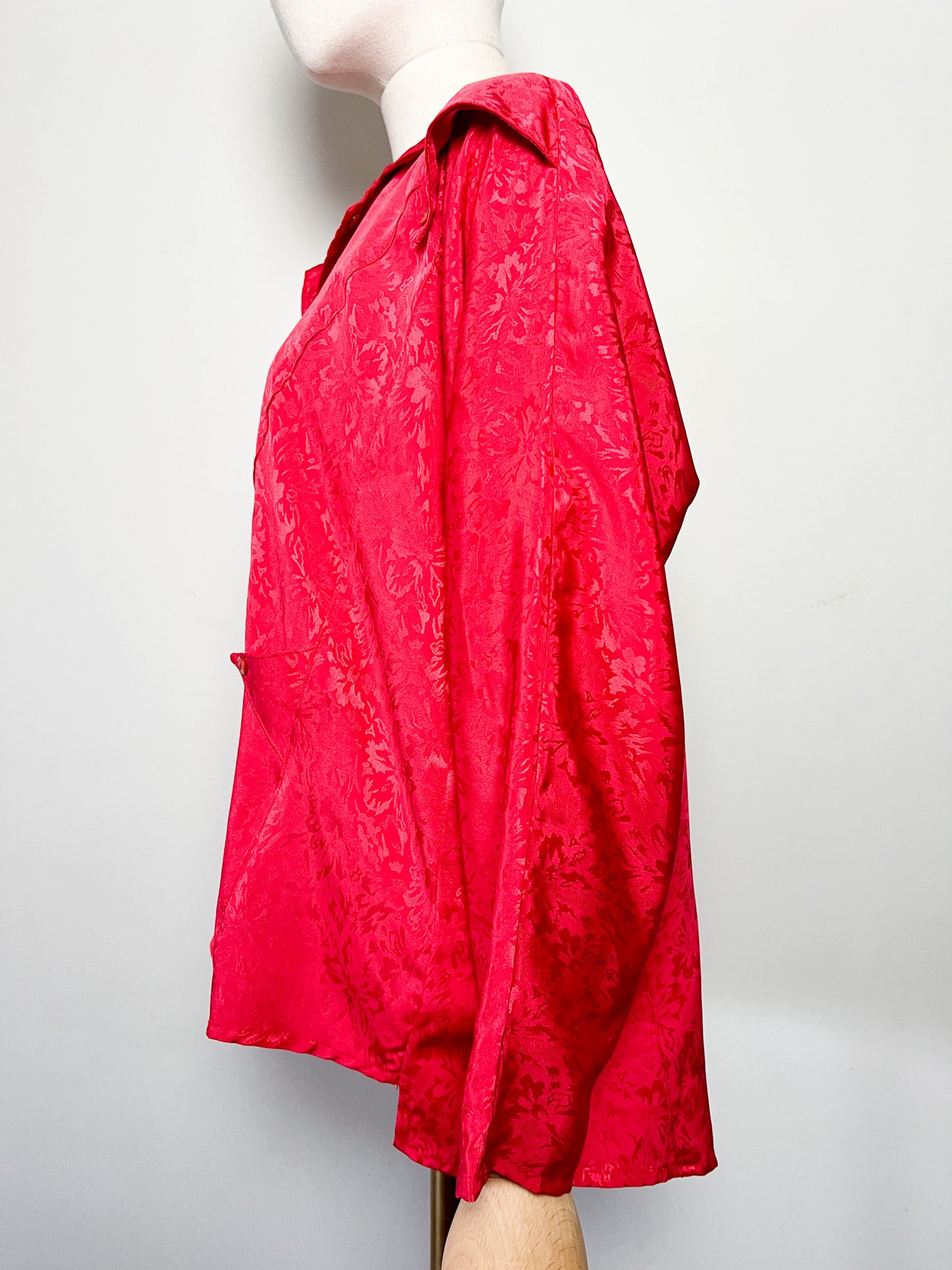Blouse Chemisier Vintage Oversize Rouge Damassé - Col Modulable - Années 80/90 - T. 38 à 44 FR (M à XXL)