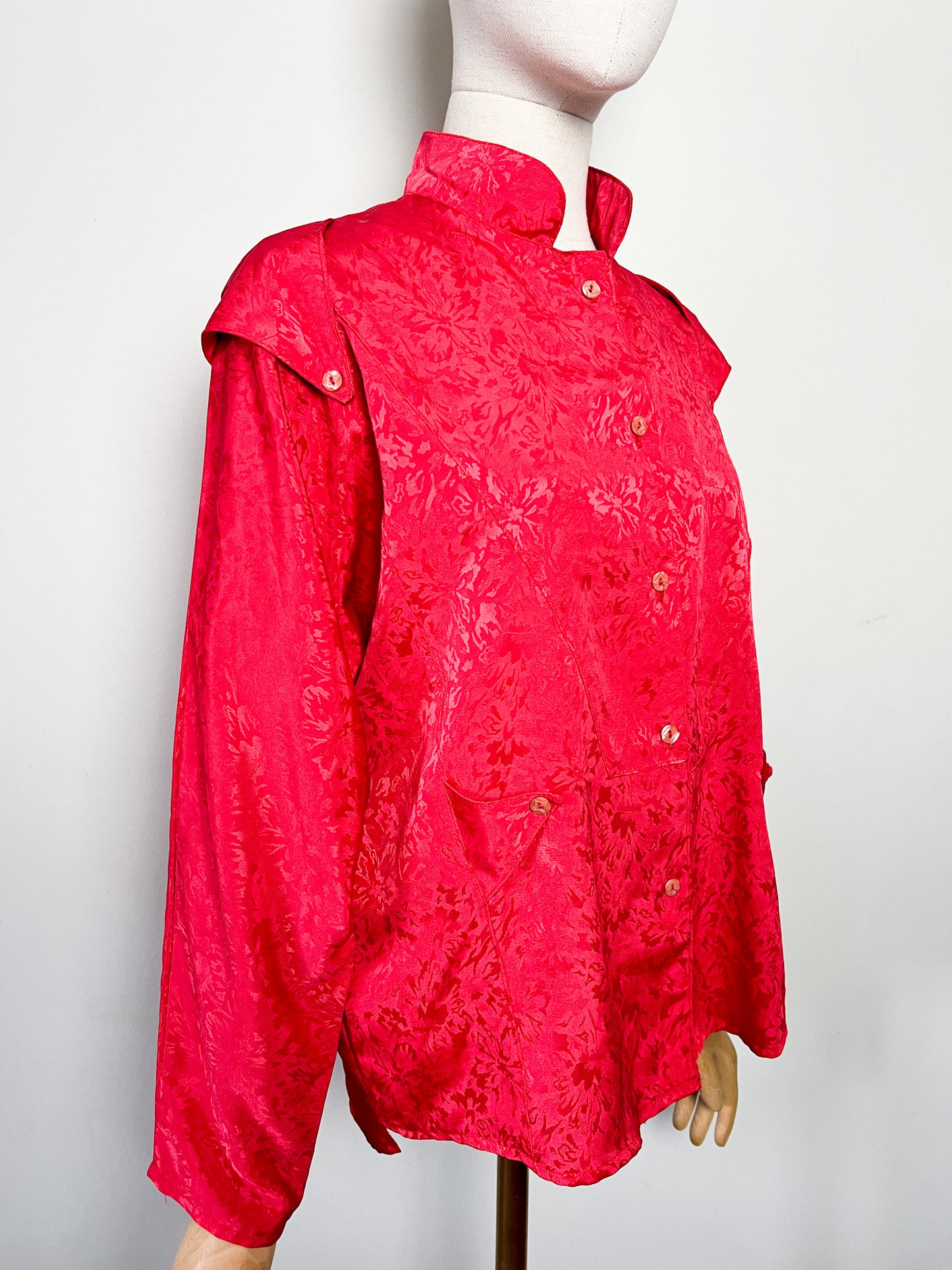 Blouse Chemisier Vintage Oversize Rouge Damassé - Col Modulable - Années 80/90 - T. 38 à 44 FR (M à XXL)