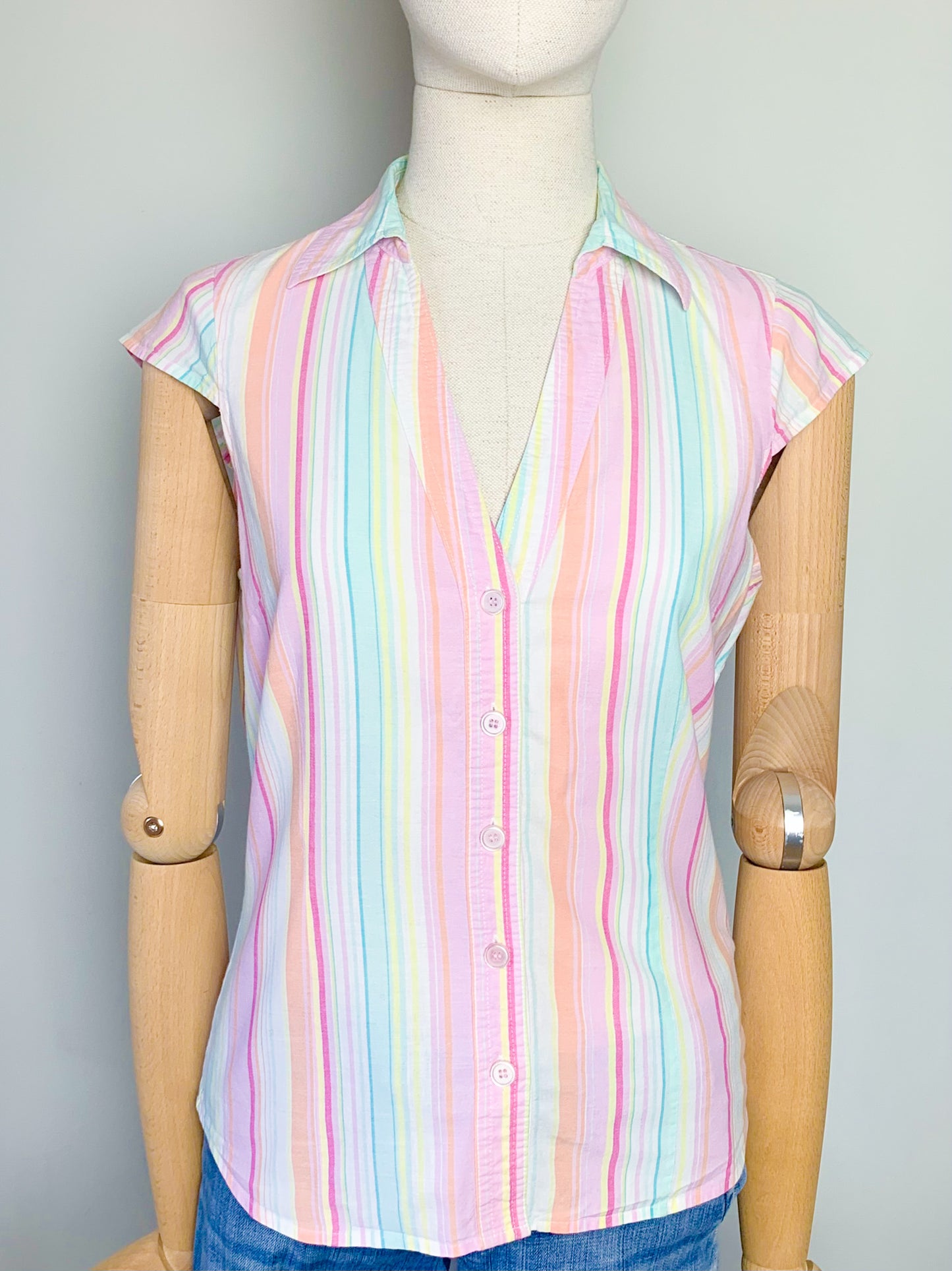 Top manches mancherons col chemise rayé couleurs pastels vintage