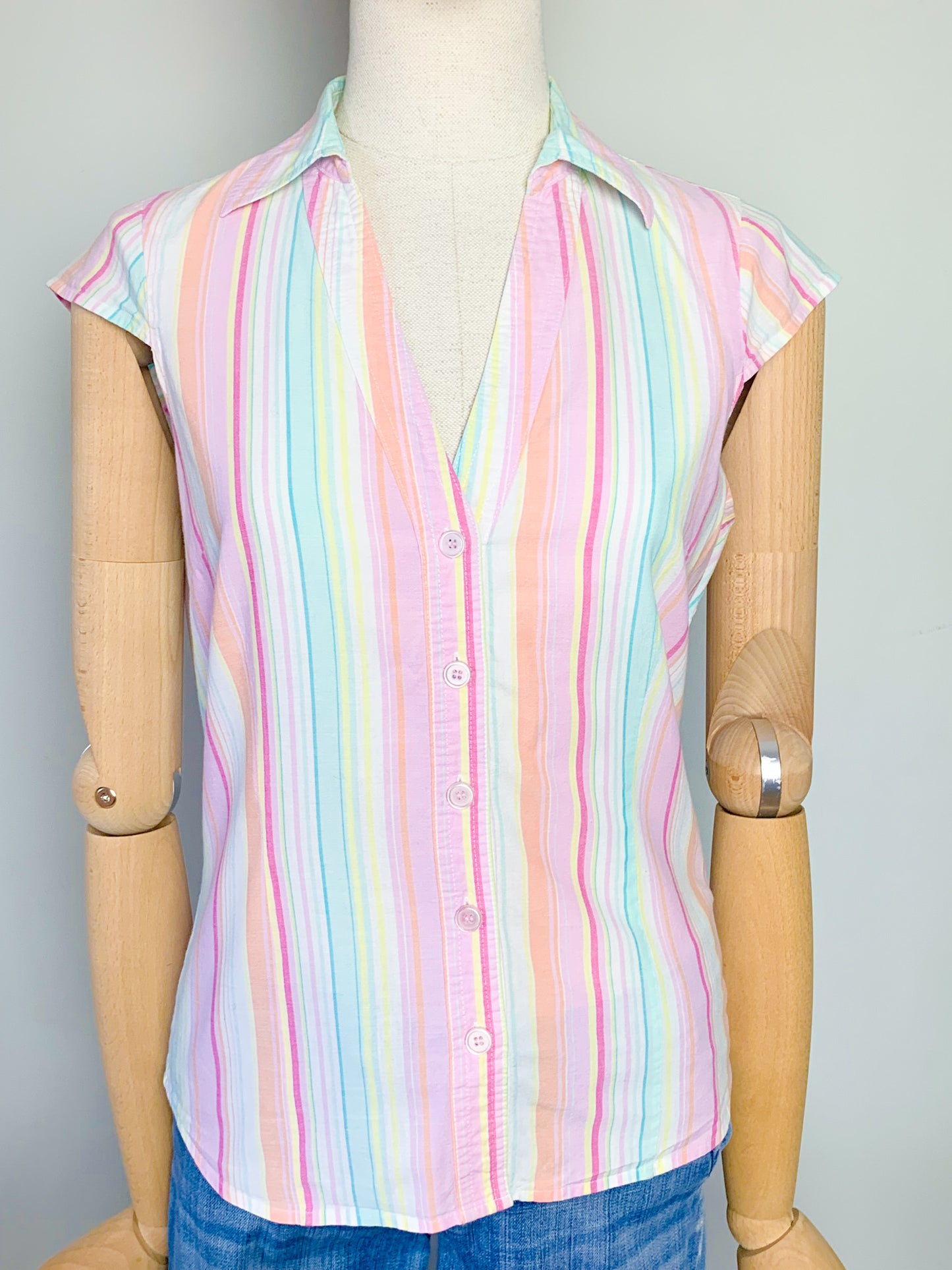 Top manches mancherons col chemise rayé couleurs pastels vintage