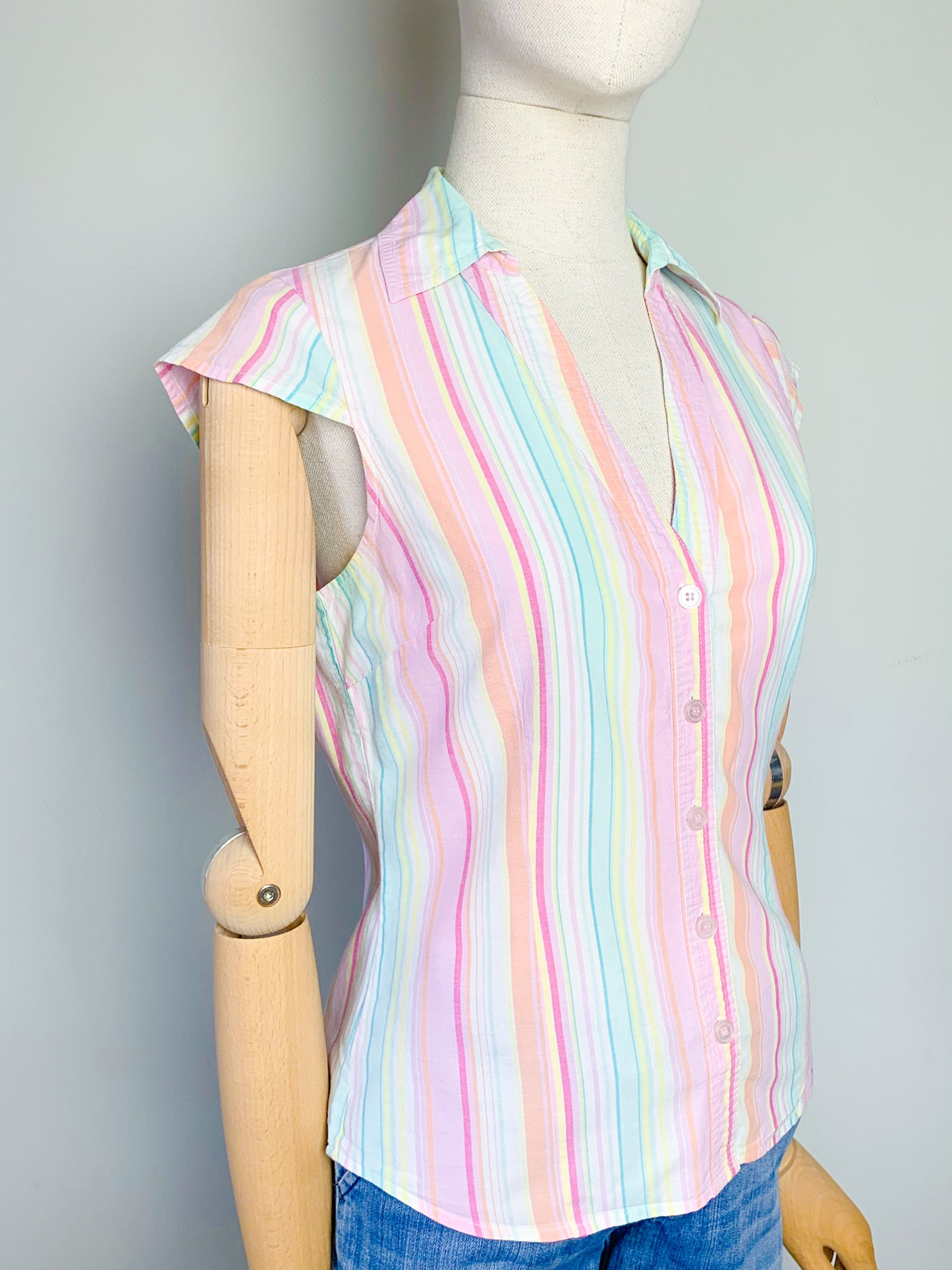 Top manches mancherons col chemise rayé couleurs pastels vintage