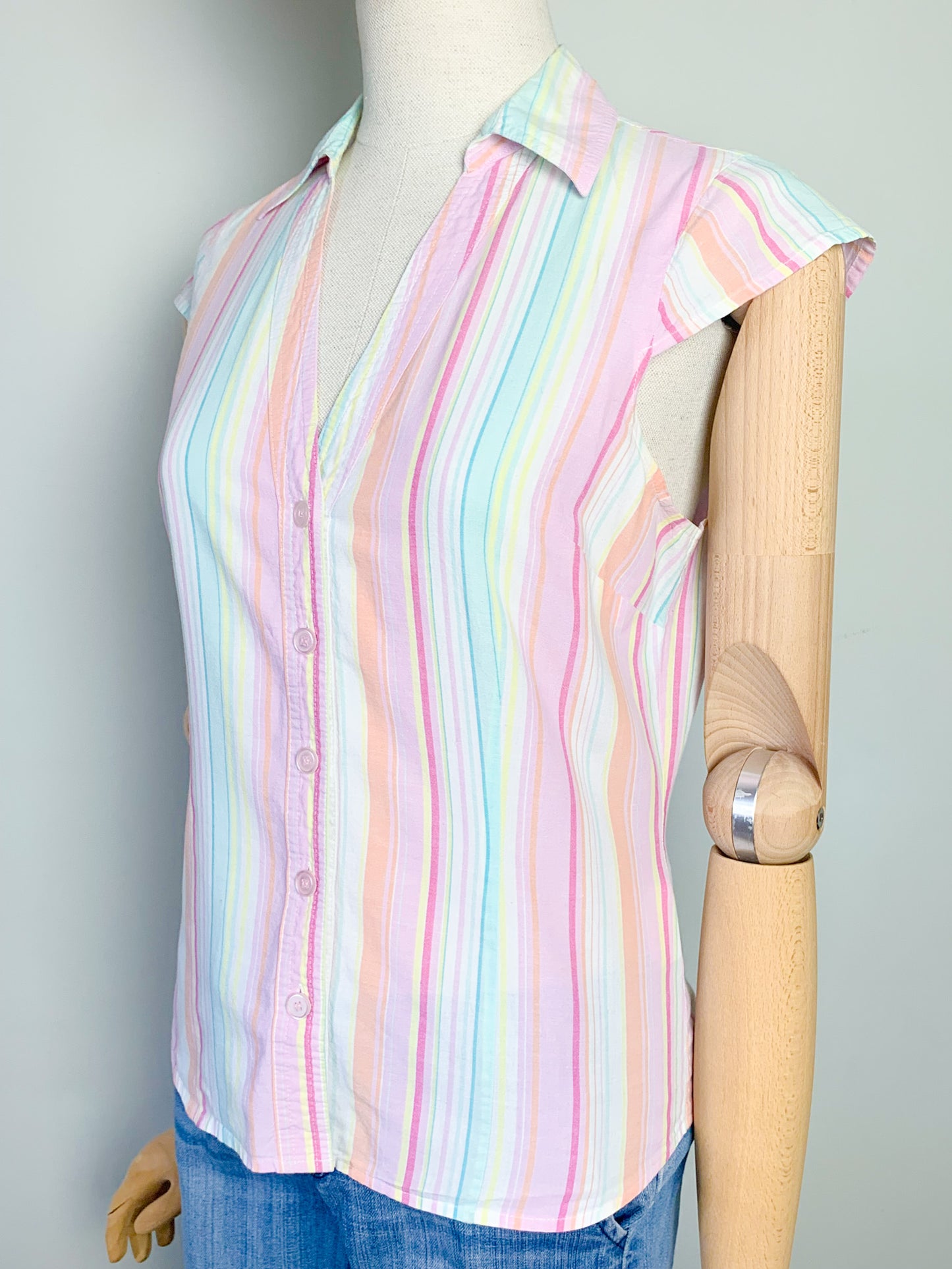 Top manches mancherons col chemise rayé couleurs pastels vintage