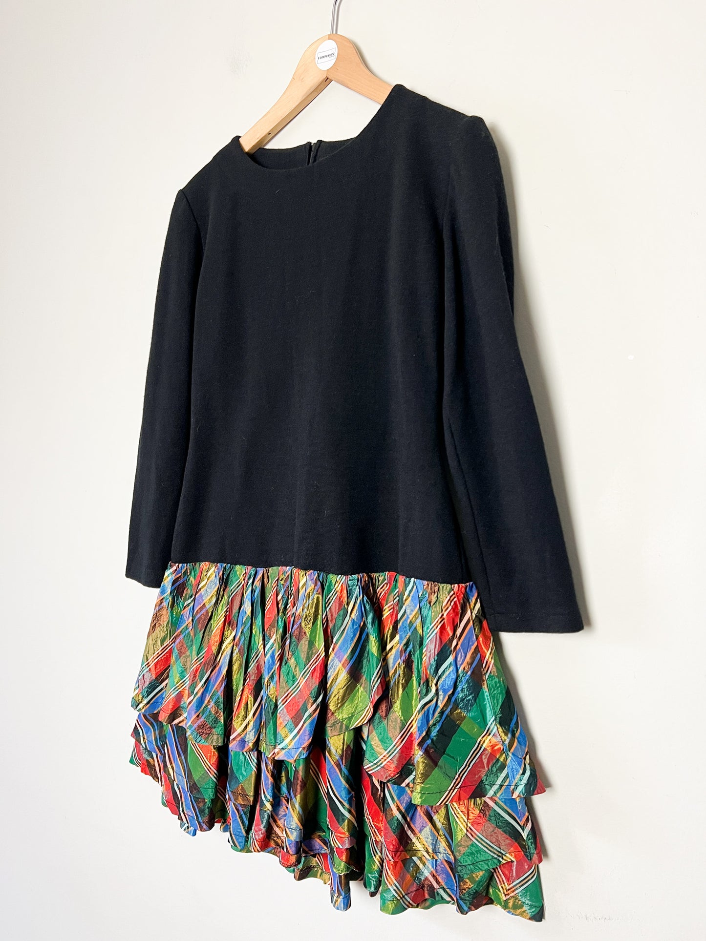 Robe Mini Vintage Bi-Matière Noir & Blanc - Haut Laine (Élastique) - Volants - T. 36 (S)