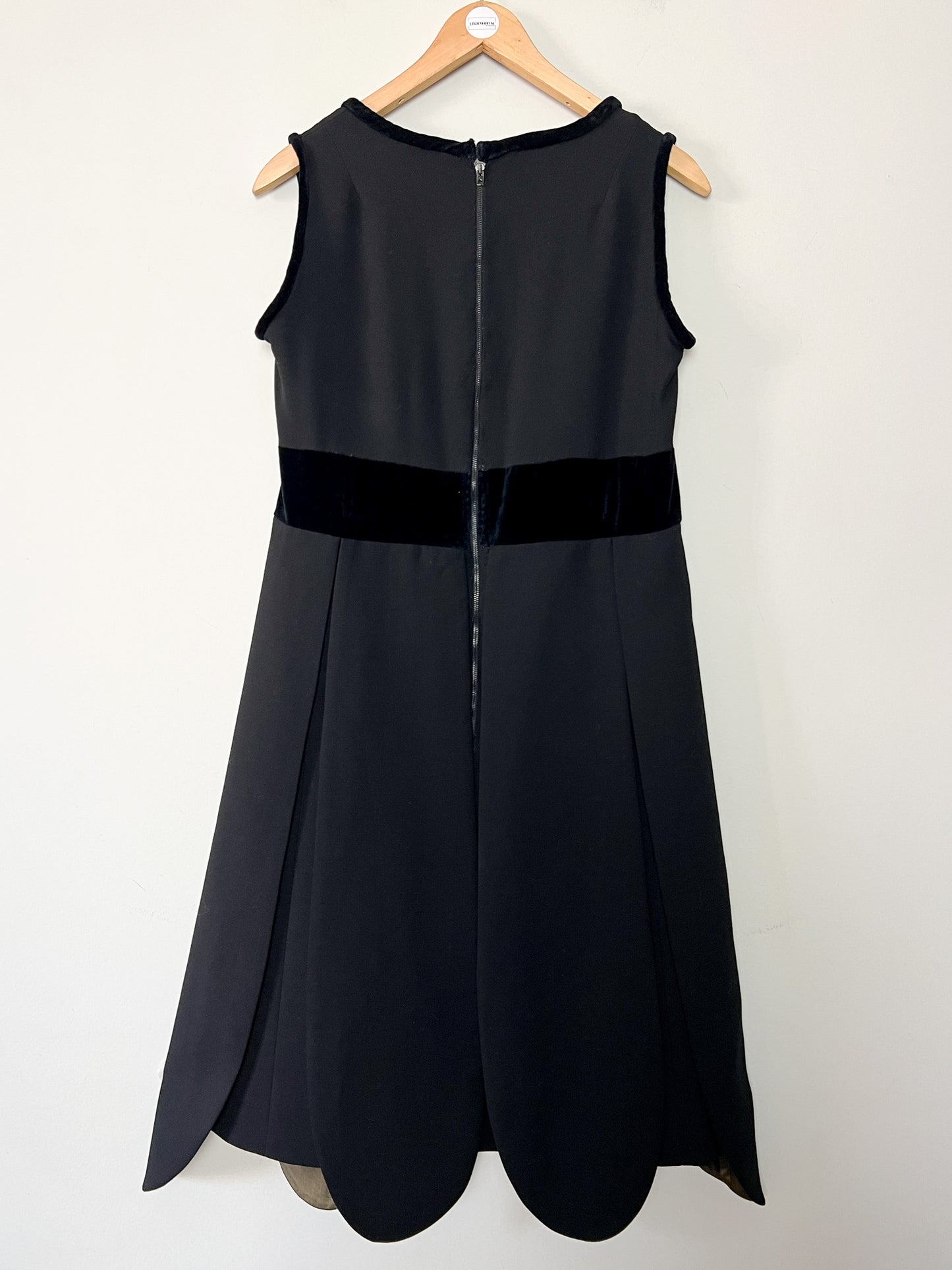 Robe Cocktail Vintage Noir Profond - Laine & Velours - Ourlet Festonné "Pétales" - Taille 36/38 FR