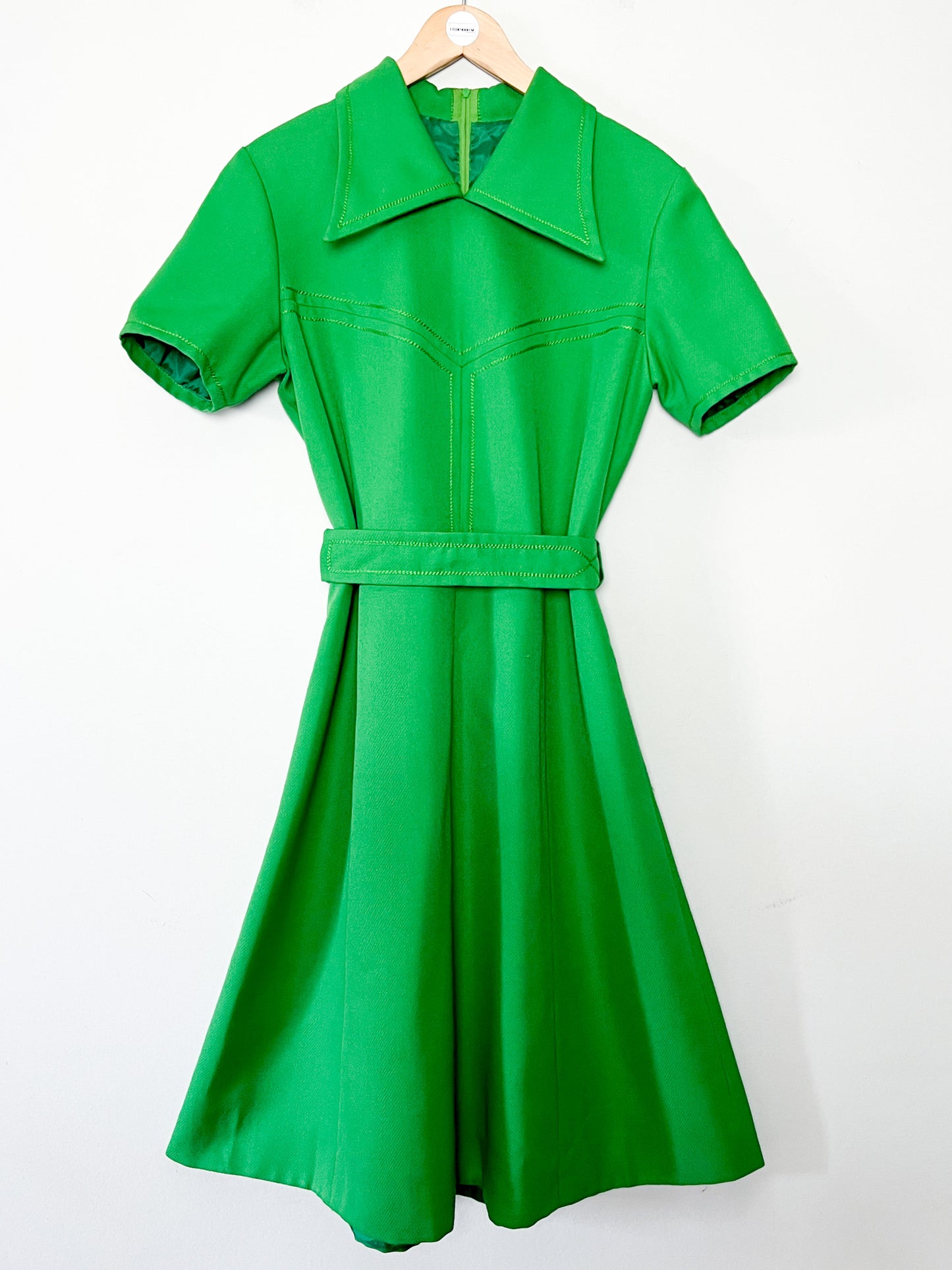 Robe Vintage Années 70 - Laine Vert Prairie - Col Pelle à Tarte & Ceinture - Taille 40 FR