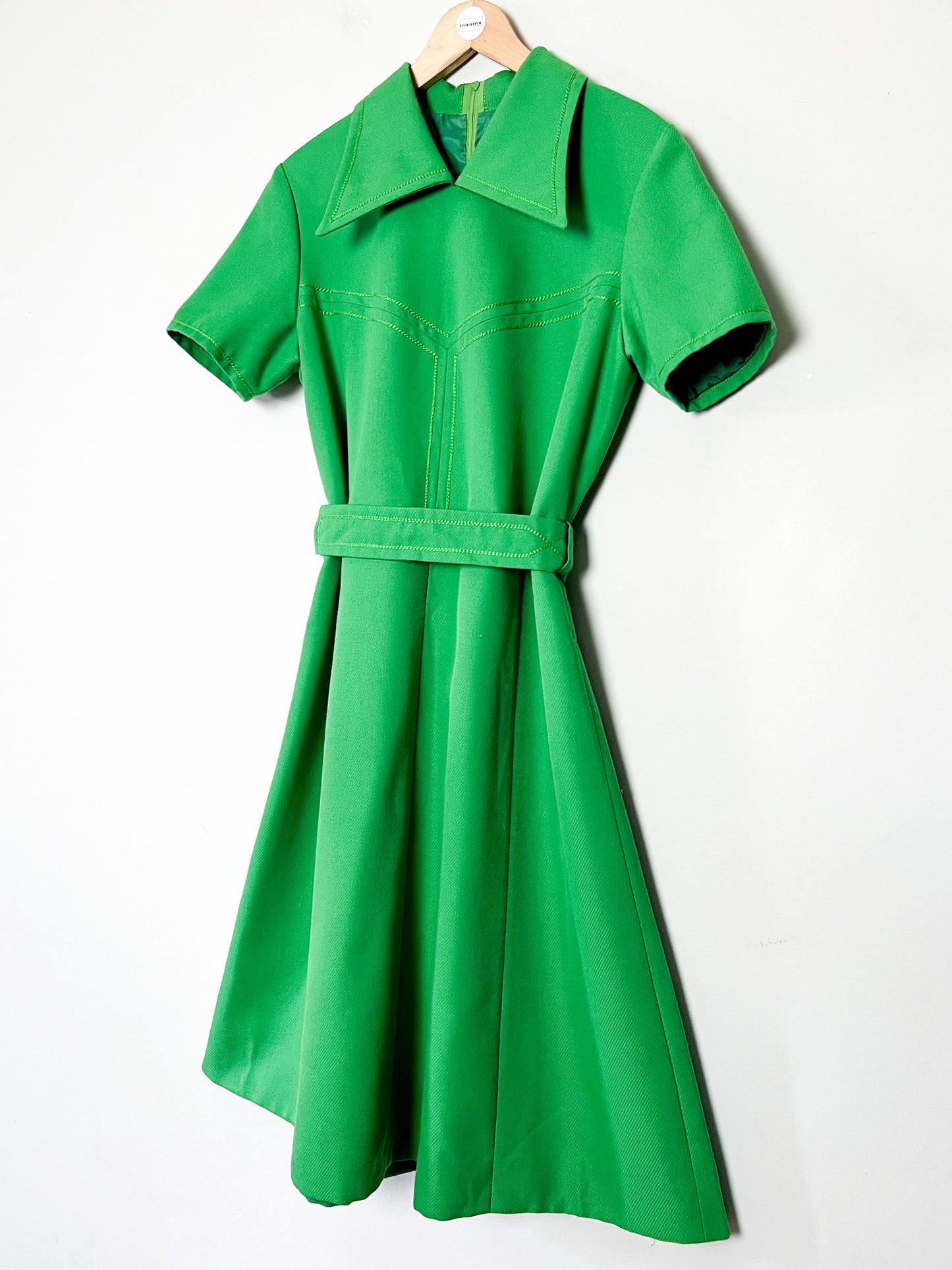 Robe Vintage Années 70 - Laine Vert Prairie - Col Pelle à Tarte & Ceinture - Taille 40 FR